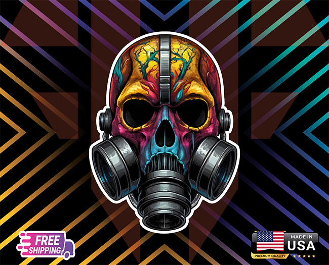 SKULL W GAS MASK COLORFULL, DECAL, 6YR LAMINATED VINYL, LAPTOP CAR (FREE GIFT)
