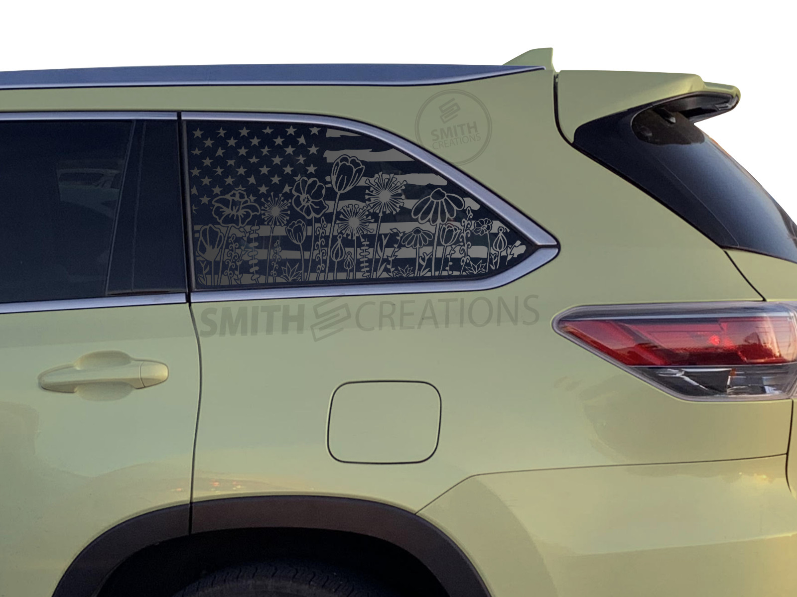 Fits 2020-25 Toyota Highlander Distresse American Flag Flowers Decal BLACK VINYL