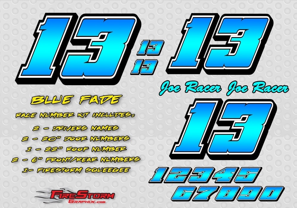 Race Car Numbers Blue Fade Vinyl Decals Package Kit Late Model, Modified, Street