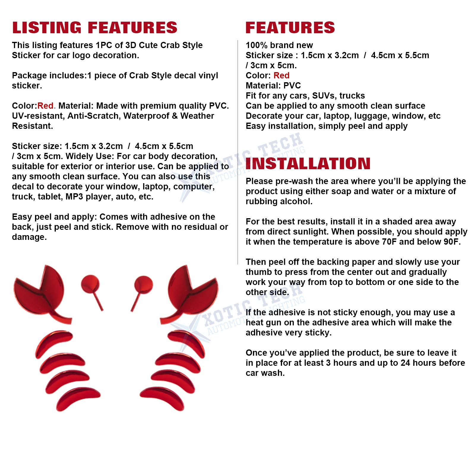 Red 3D Cute Crab Style Sticker for Car Logo Decoration Exterior Waterproof 1PC
