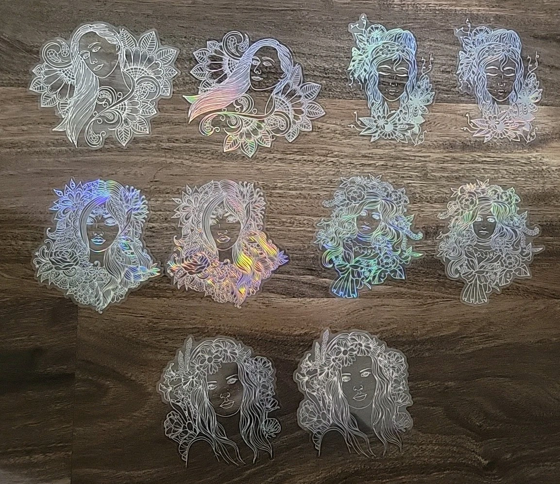 10 Decals Clear W/ Womans Face In Iridescent Silver, 5 Designs, 3.85″ Free Ship