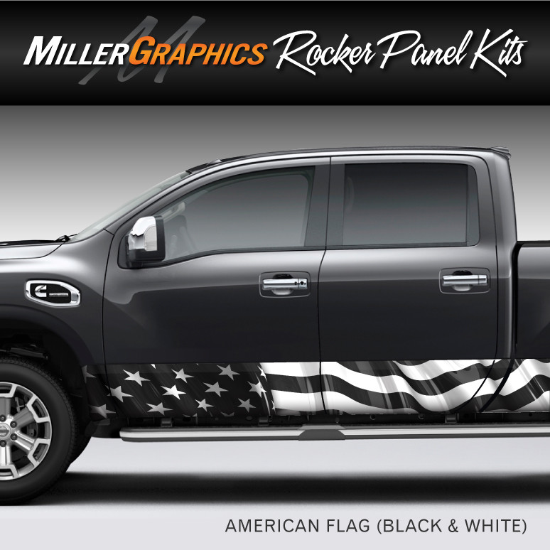 American Flag Black and White Rocker Panel Graphic Decal Wrap Kit – Truck SUV