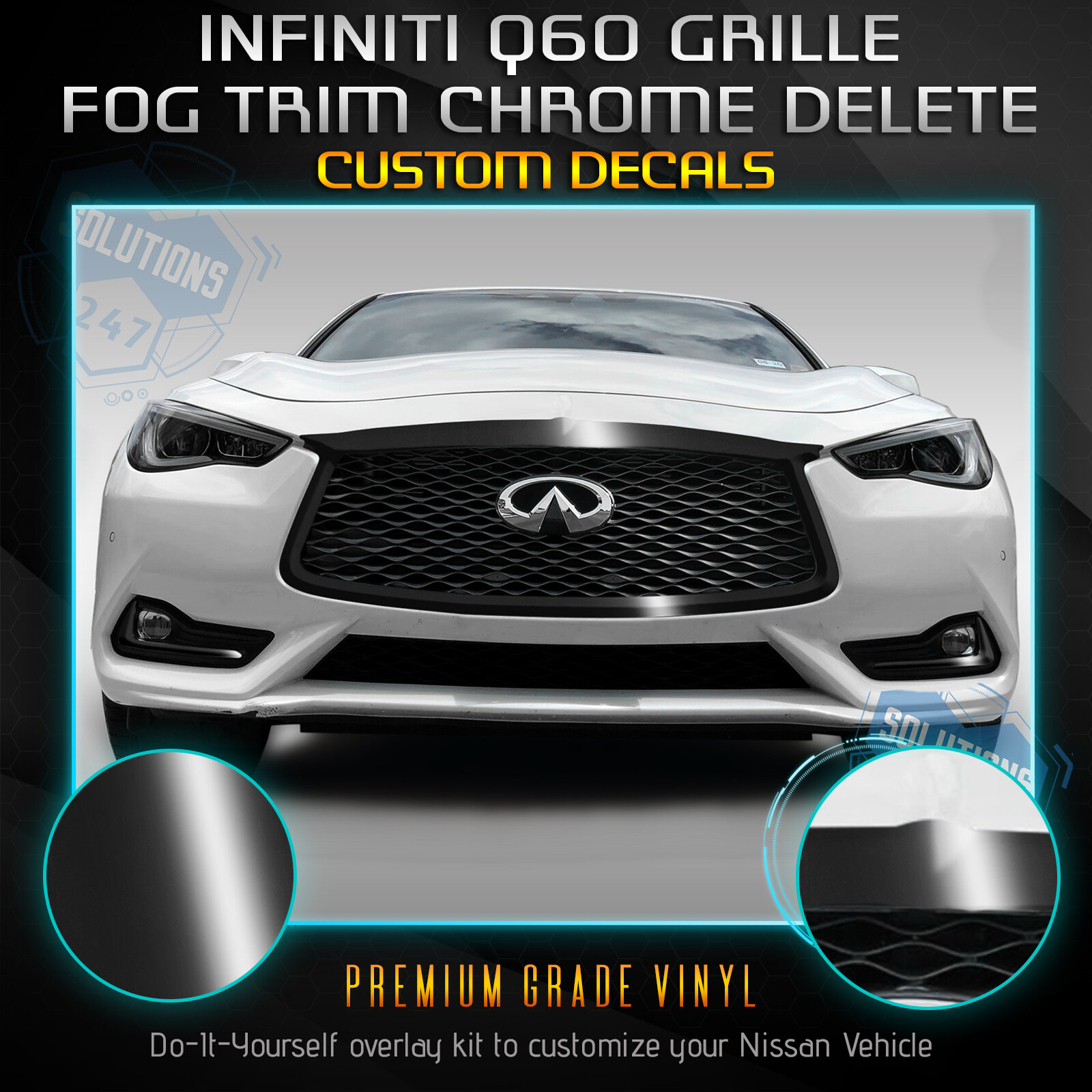 For 2017-2020 Infiniti Q60 Grille Fog Vent Trim Chrome Delete Kit – Glossy Matte