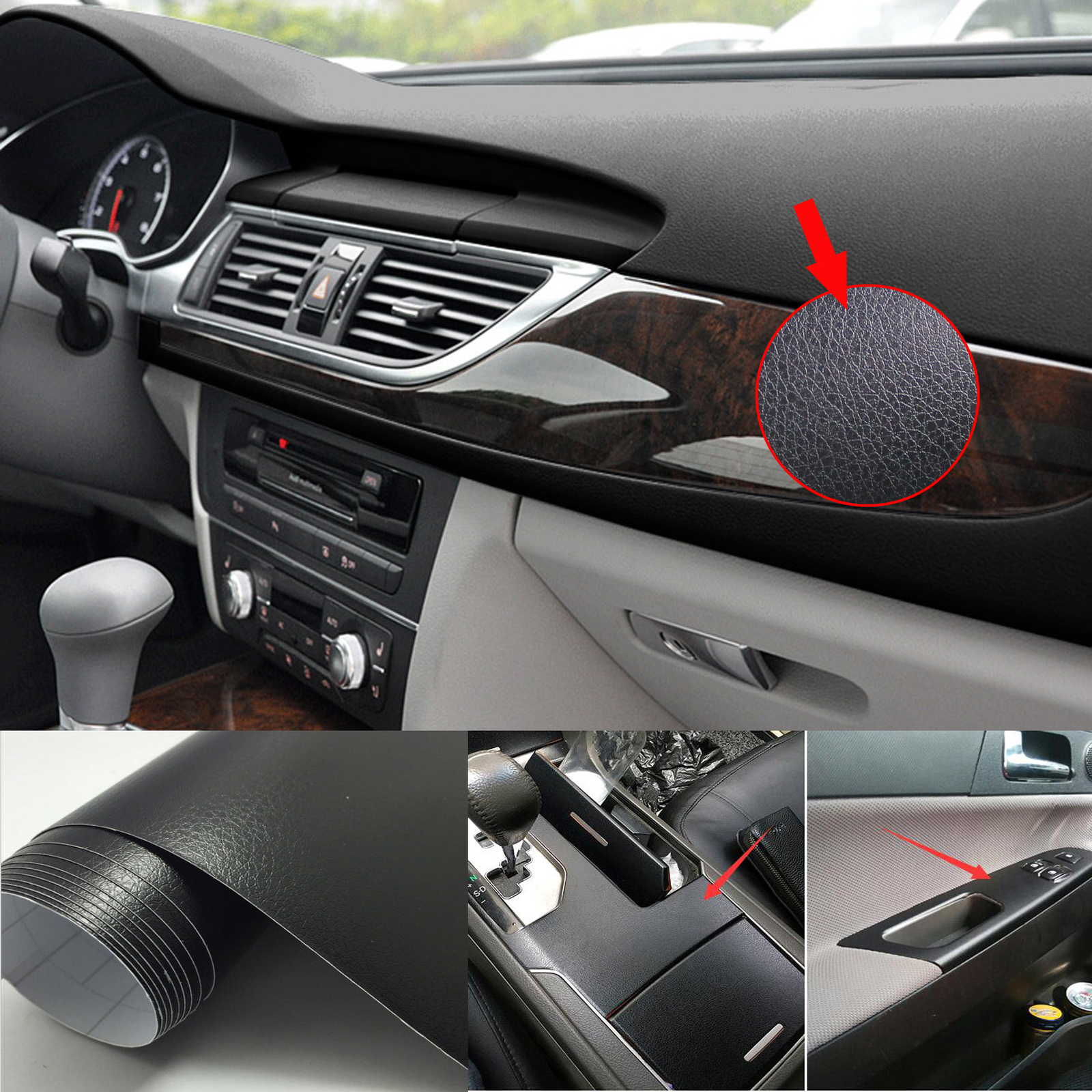 10FT x 5FT Car Grain Leather Skin Textured Vinyl Wrap Sticker Interior Black CF