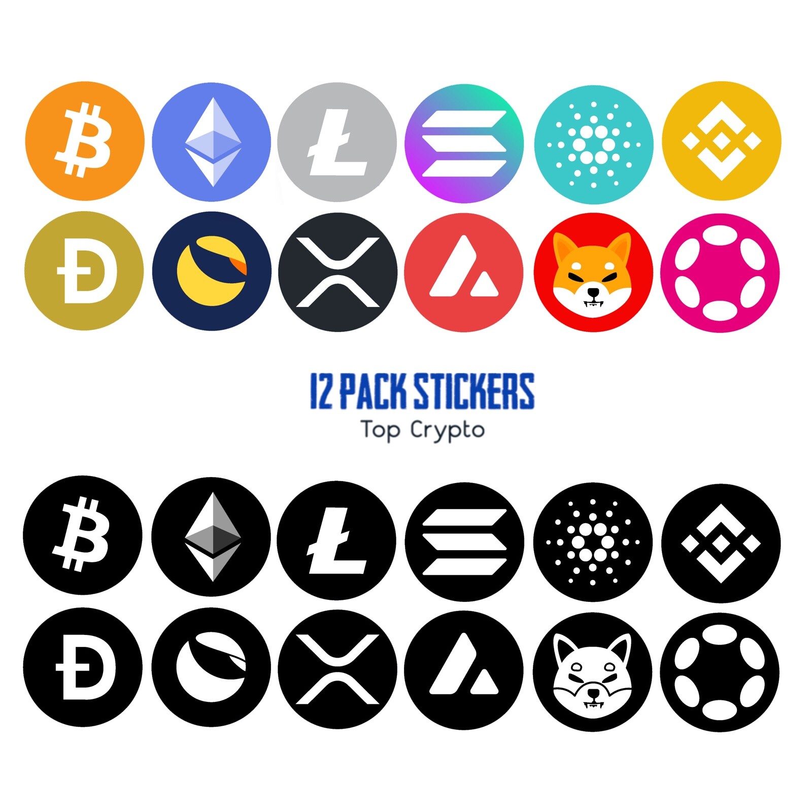 12 PACK LOT Top Crypto Sticker Bitcoin XRP Cardano Doge ETH Decal Cryptocurrency