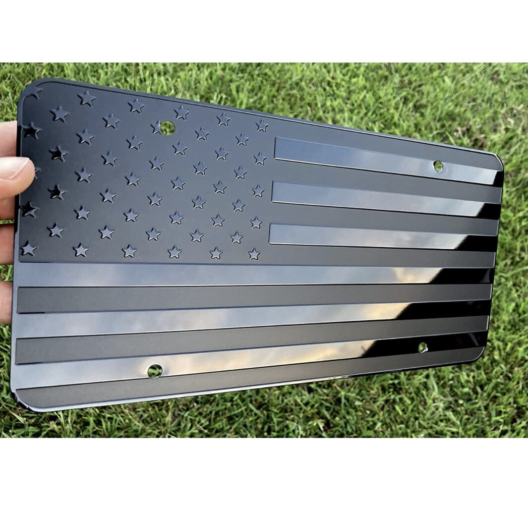 Tactical American Flag License Plate Matte Black USA Aluminum With Screws & Caps