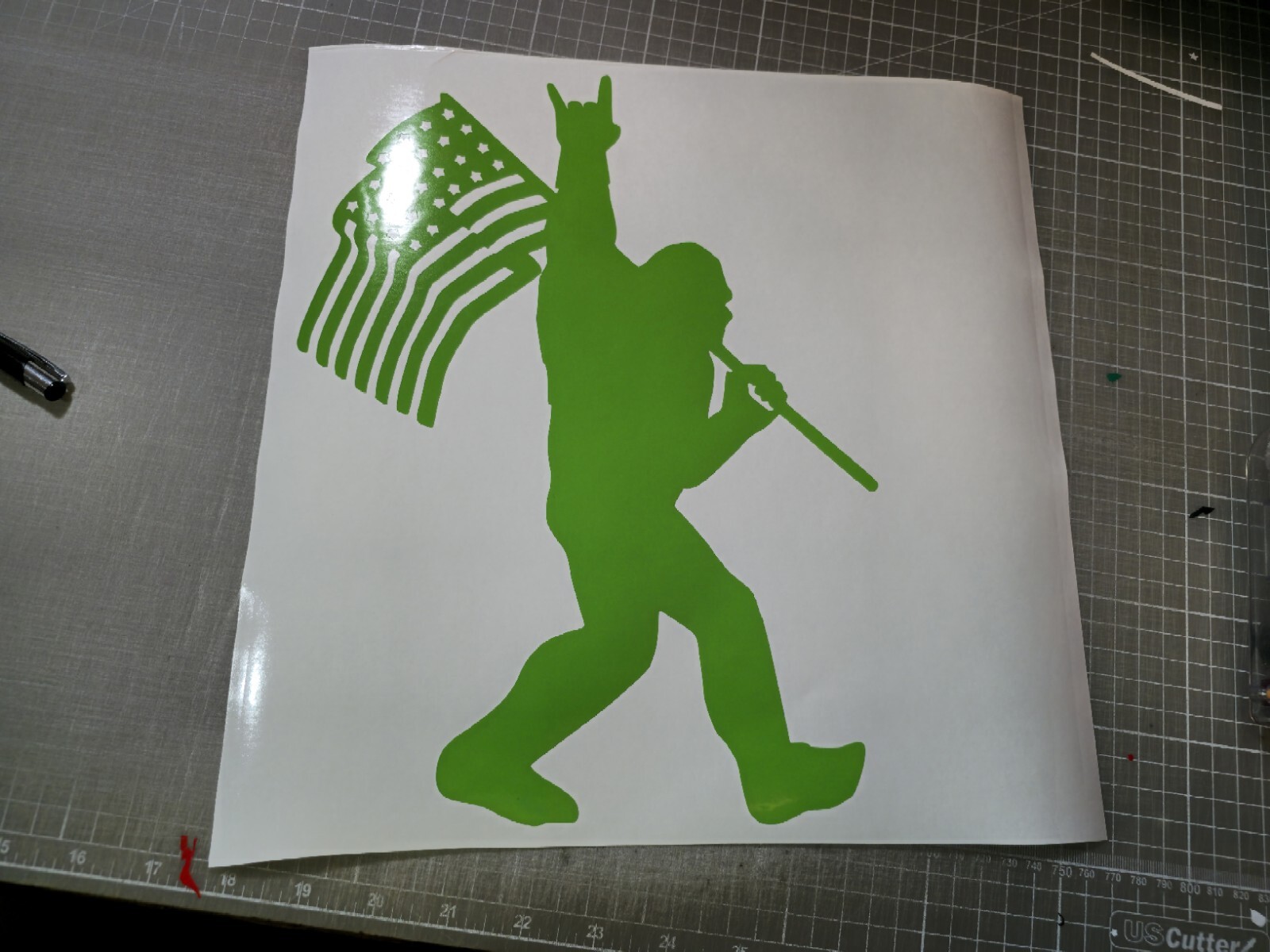Sasquatch Bigfoot Rock On Flag Funny DieCut Vinyl Window Decal Sticker Car Truck