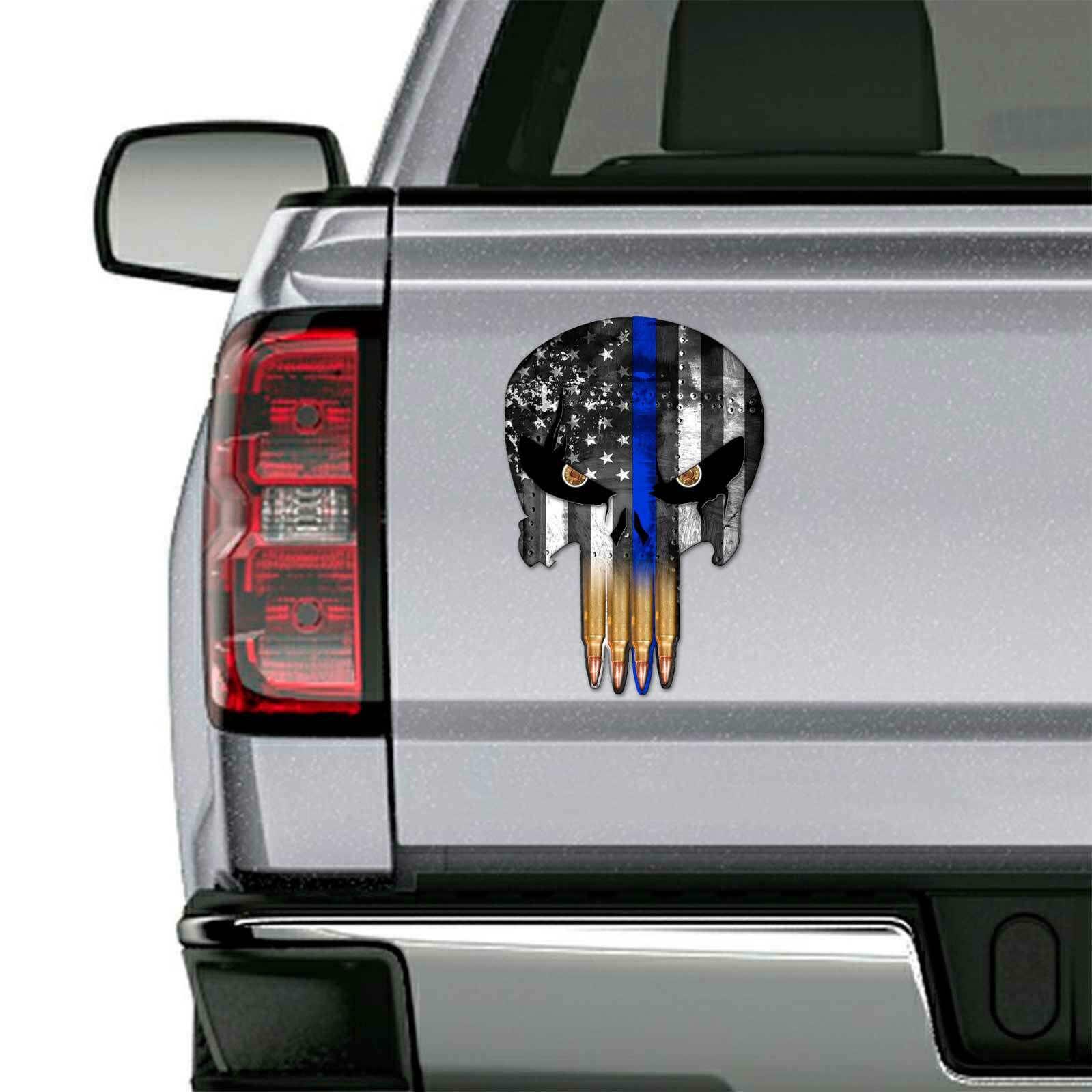 American Flag Punisher Skull Thin Blue Line Sticker Police Gun Bullet Decal LAW