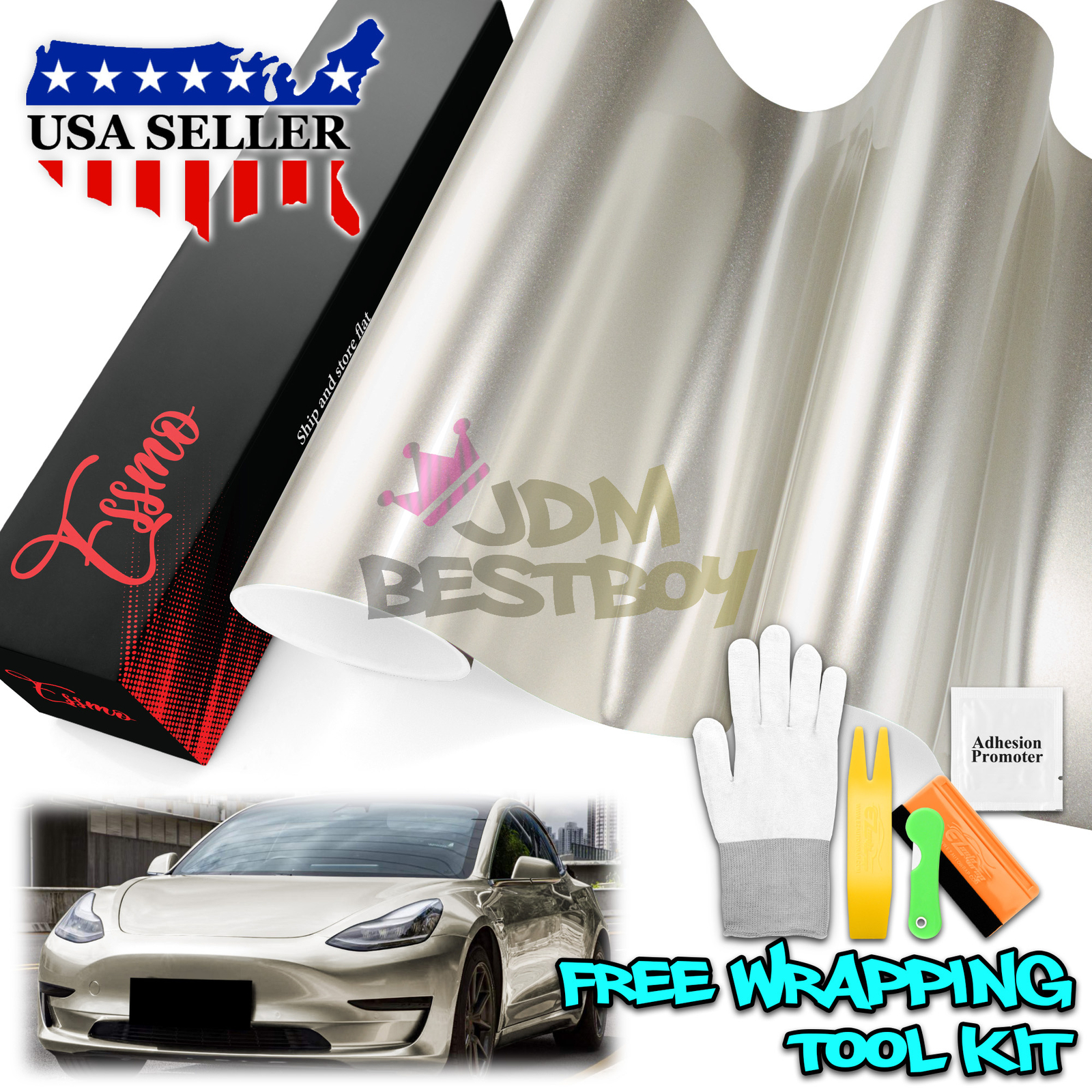 ESSMO PET Super Gloss Metallic Platinum Silver Car Vinyl Wrap Decal Like Paint