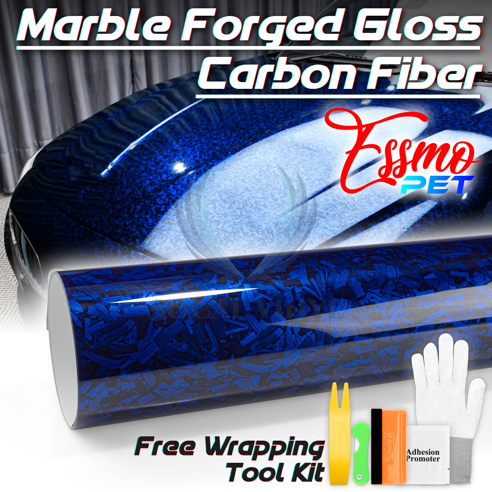 ESSMO PET Marble Forged Gloss Carbon Fiber Royal Blue Vehicle Vinyl Wrap Decal