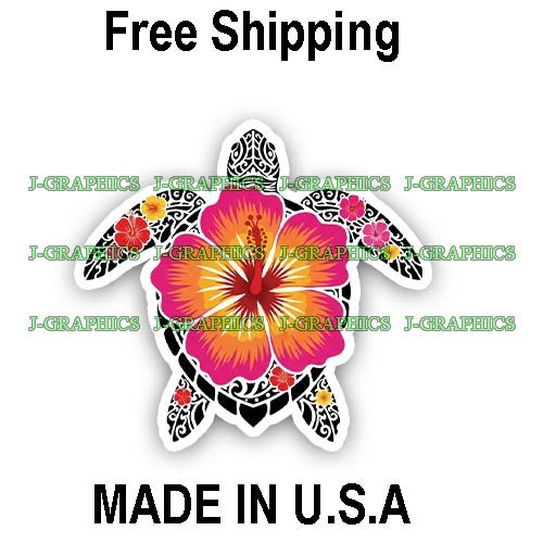 Sea Turtle Hibiscus Flower Tribal Vinyl Decal Sticker D