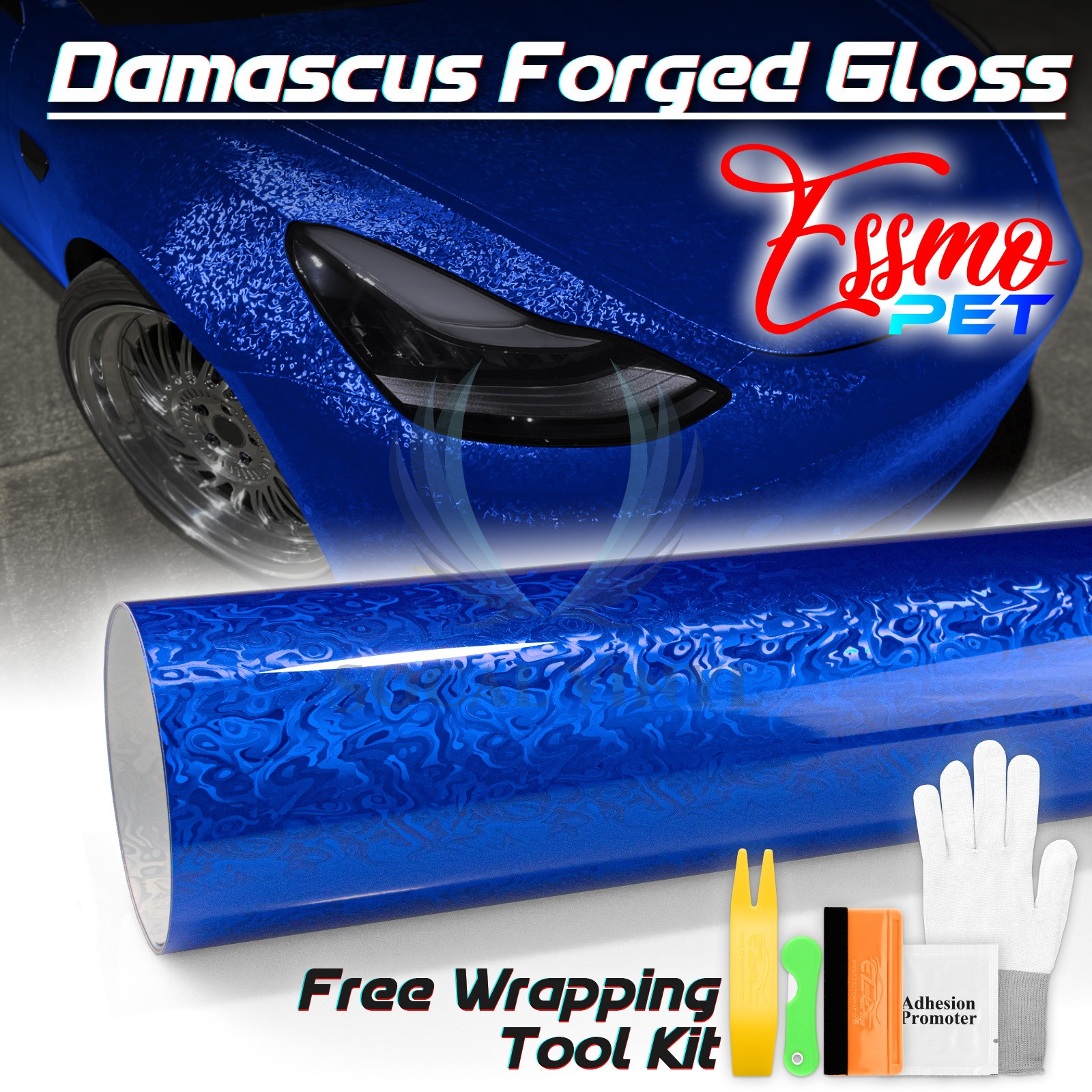 PET Damascus Steel Forged Gloss Royal Blue Car Vinyl Wrap Decal Sticker Film