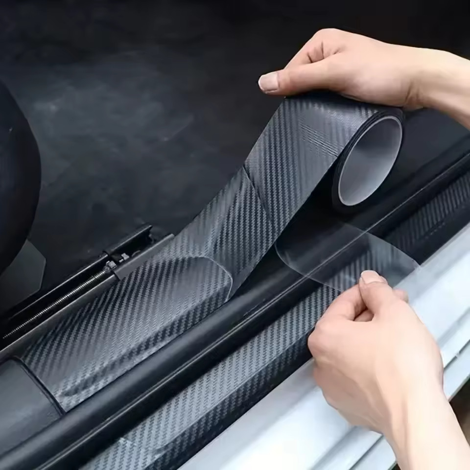 3D Carbon Fiber Car Door Sill Protector Anti Scratch Waterproof Matte Black Film