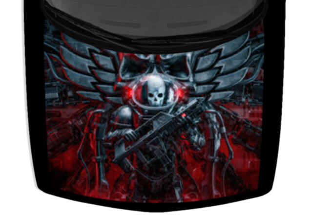 Warrior Wings Machine Gun Skull Truck Decal Car Graphic Hood Vinyl Wrap 58″ x65″