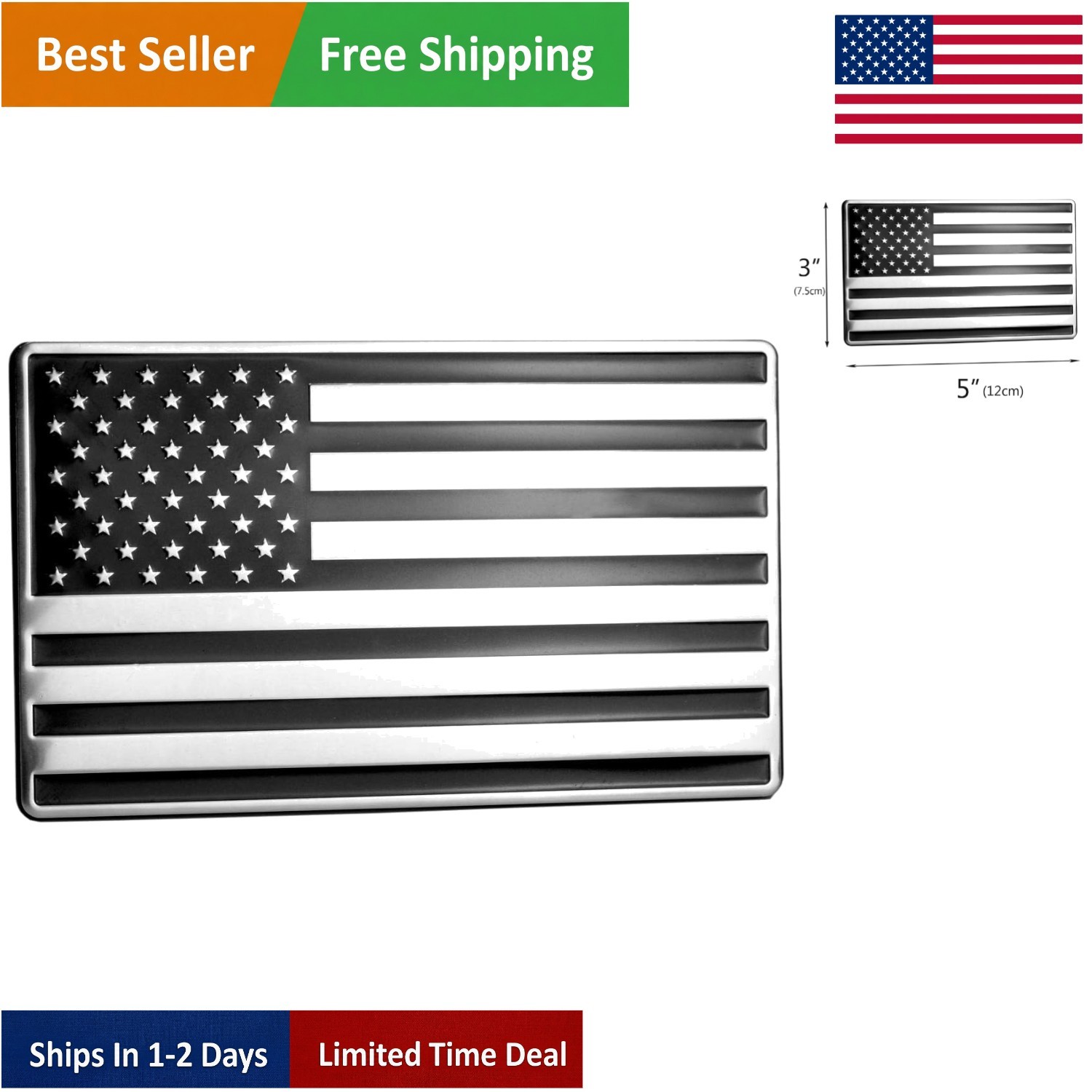 5×3 USA Embossed Stainless Steel Flag with Polished Chrome Finish – Car Emblem