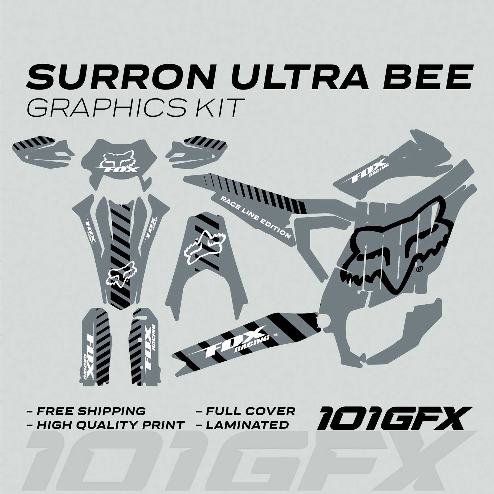 Surron Ultra Bee Graphics Kit FOX RACE LINE Grey Black Decals Stickers