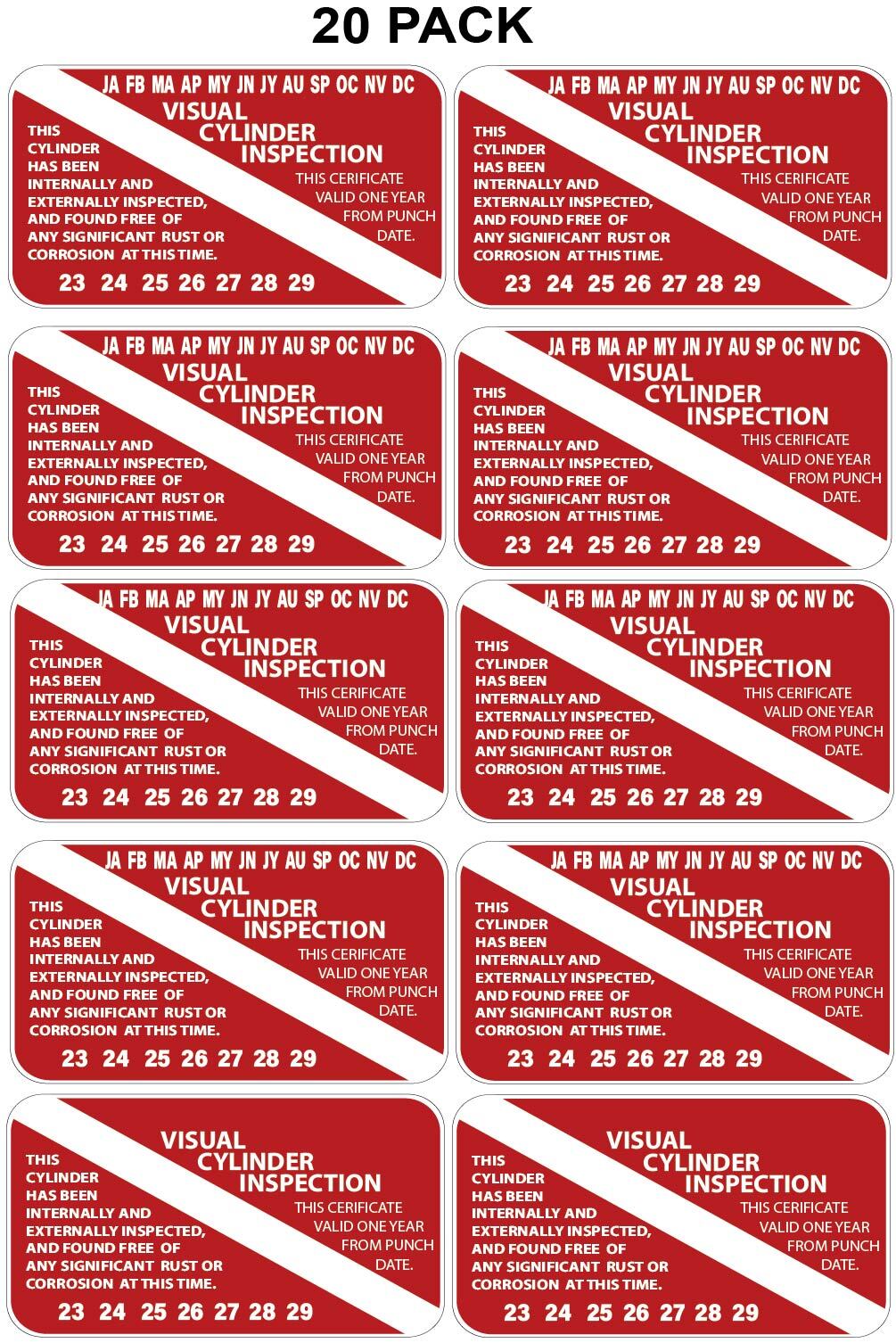 Scuba Tank Visual Inspection Stickers Years 2023-2029 20 Pack Stickers P962