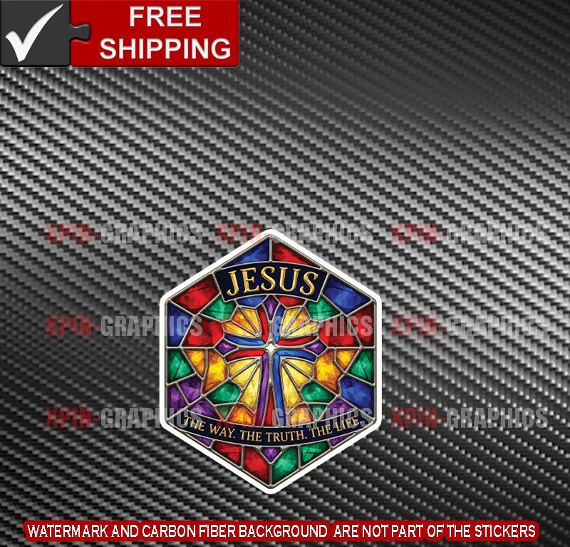 Jesus The Way Truth Life Faux Stained Glass Vinyl Decal Sticker Christian D