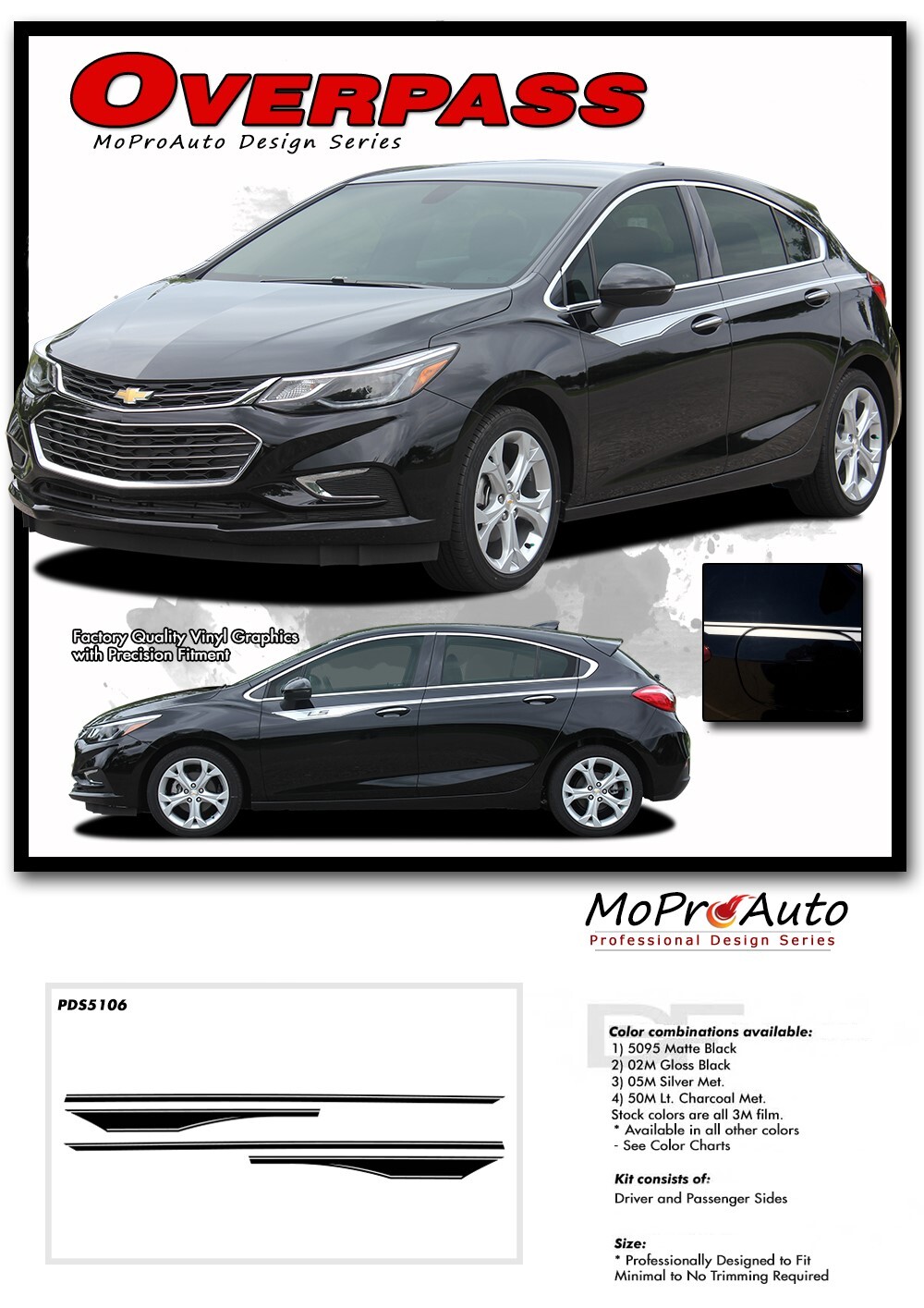 2016-2019 Chevy Cruze Upper Door Stripes Vinyl Graphic OVERPASS Decals Kit