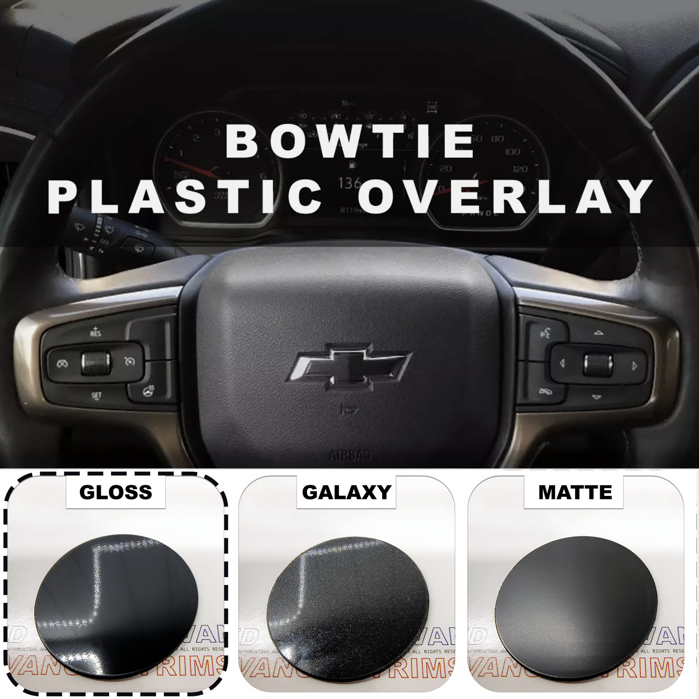 Gloss Black Steering Wheel Bowtie Overlay Chevy Tahoe 2015-2025 NOT VINYL