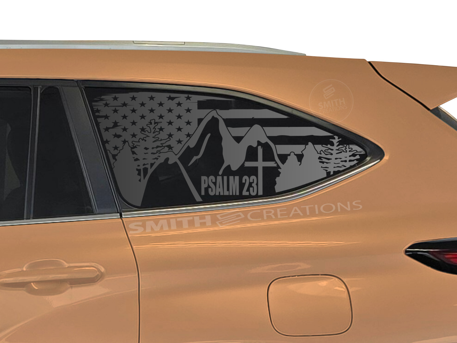 Fits 2020-2026 Toyota Highlander Psalm 23 Tattered American Flag Mountain Decal