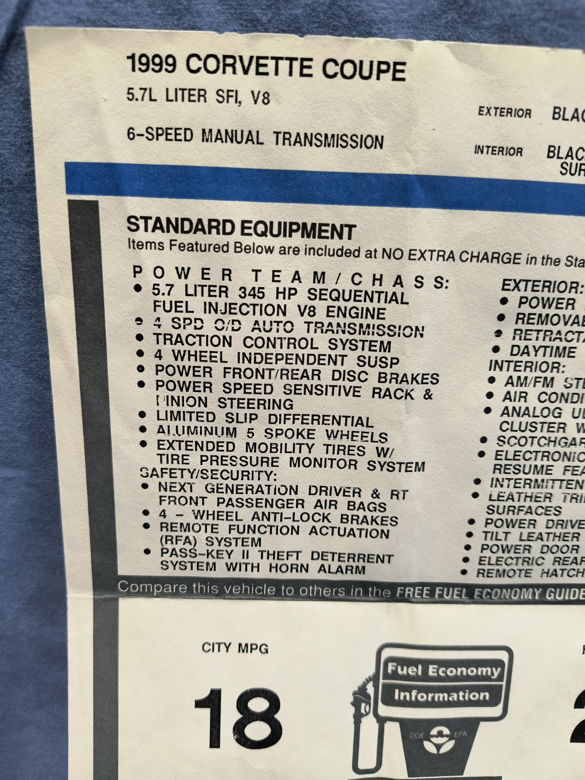 1999 Corvette Manufacturer’s Retail Window Sticker OEM ORIGINAL Chevrolet