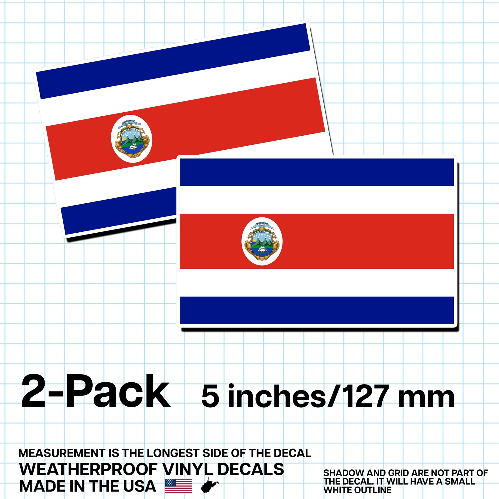 Costa Rica Flag Sticker 5″ 2-Pack – CR Decal – Costa Rican Pride Vinyl