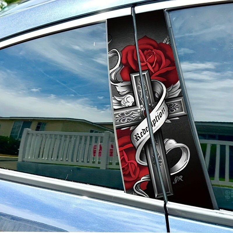 2pcs New Red Rose Car Center Pillar Sticker B-pillar Protective Film Decor