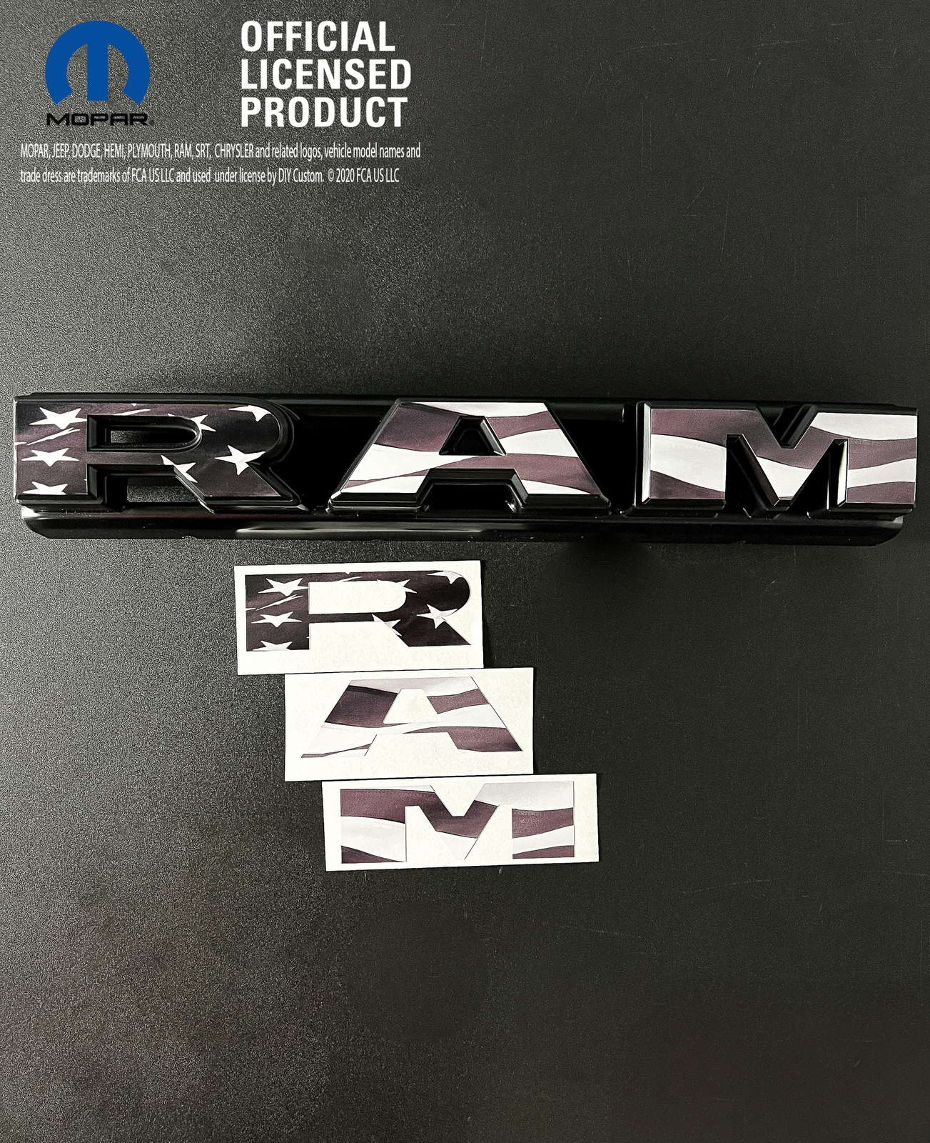 RAM Grill Emblem Overlay Decals Grayscale American Flag Fits 2009-2026 1500-5500