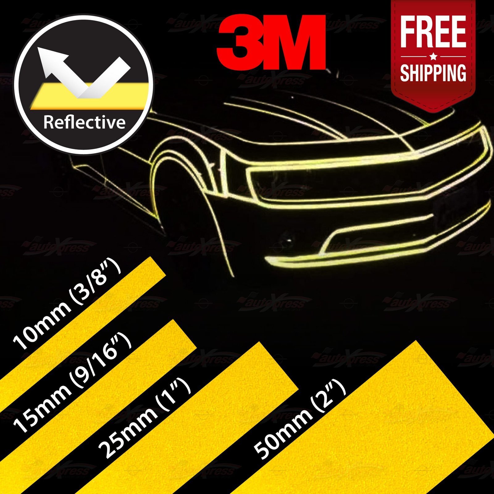 3/8″ 9/16″ 1″ 2″ Waterproof REFLECTIVE Self-Adhesive 3M Vinyl Tape Decal YELLOW