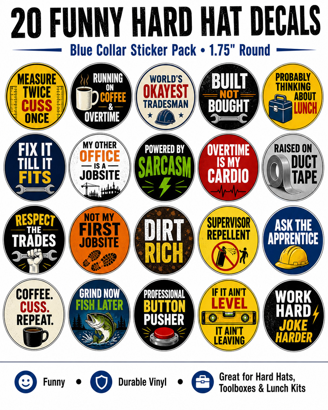 TWENTY PACK FUNNY HARD HAT STICKERS DECALS CONSTRUCTION ELECTRICIAN FREE SHIP