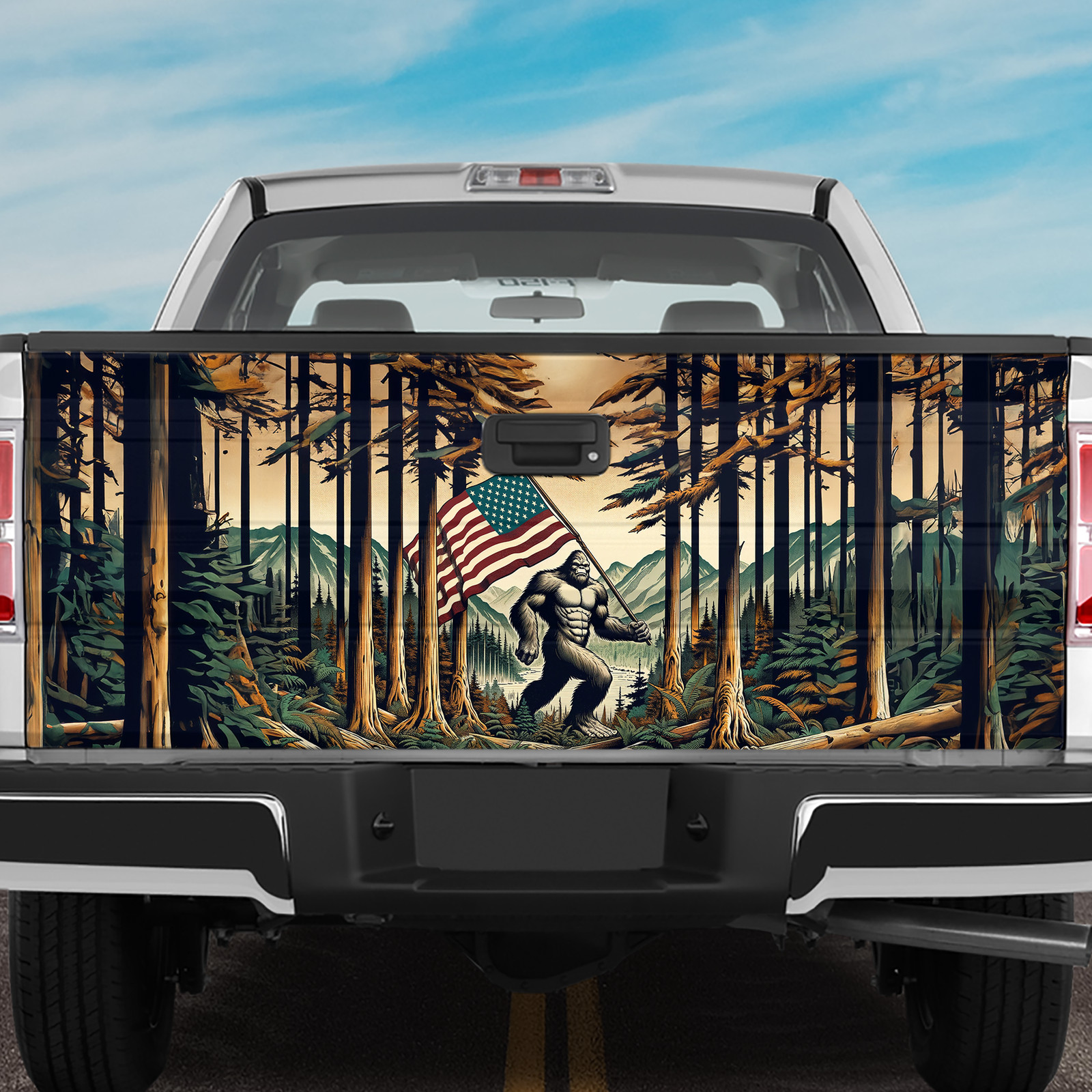 Bigfoot Camping Mountain Tailgate Wrap, Bigfoot Tailgate Decal Sticker Wrap