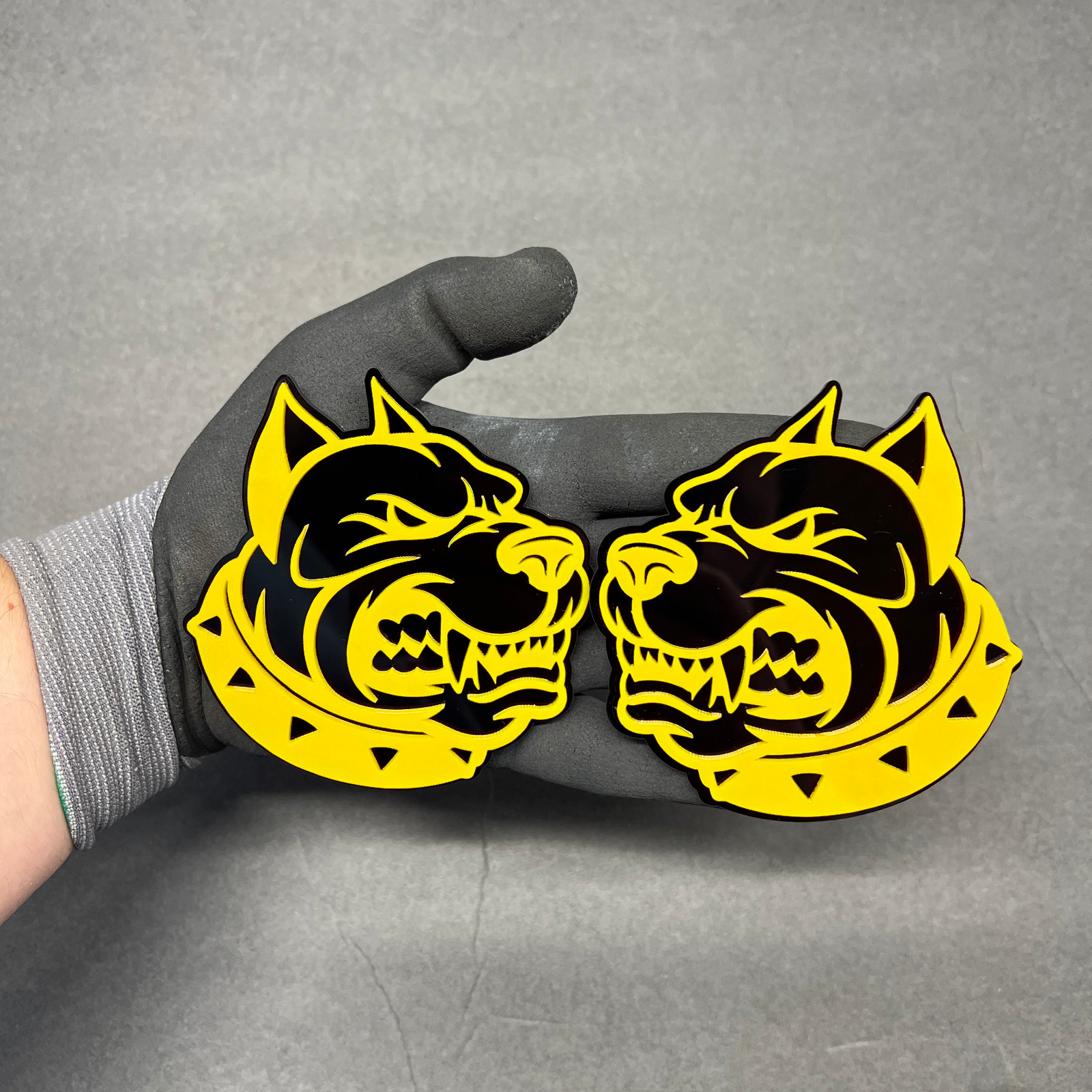 x2 Pitbull Car Badges Emblem Alpha Dog Yellow / Black Bulldog Fender Angry Speed