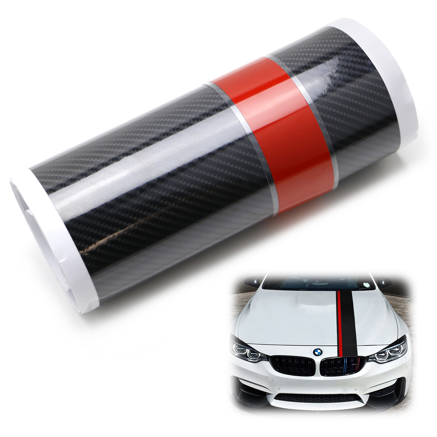 7-Inch Width Gloss Black 5D Carbon Fiber w/Red Rally Stripe Vinyl Graphics Decal