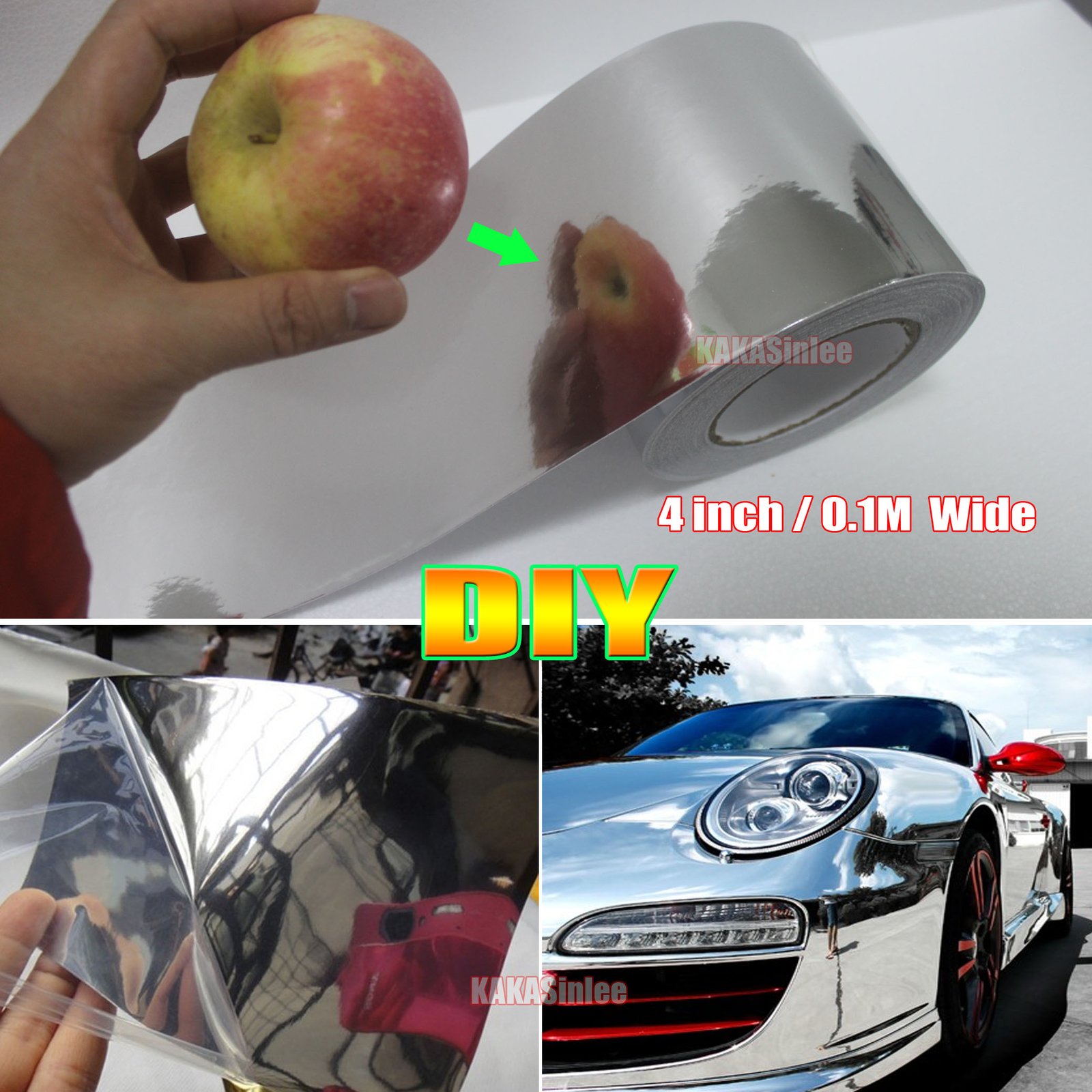 4inch – Wide Mirror Chrome Vinyl Wrap Tape Sticker Car House Trim Decal / Silver