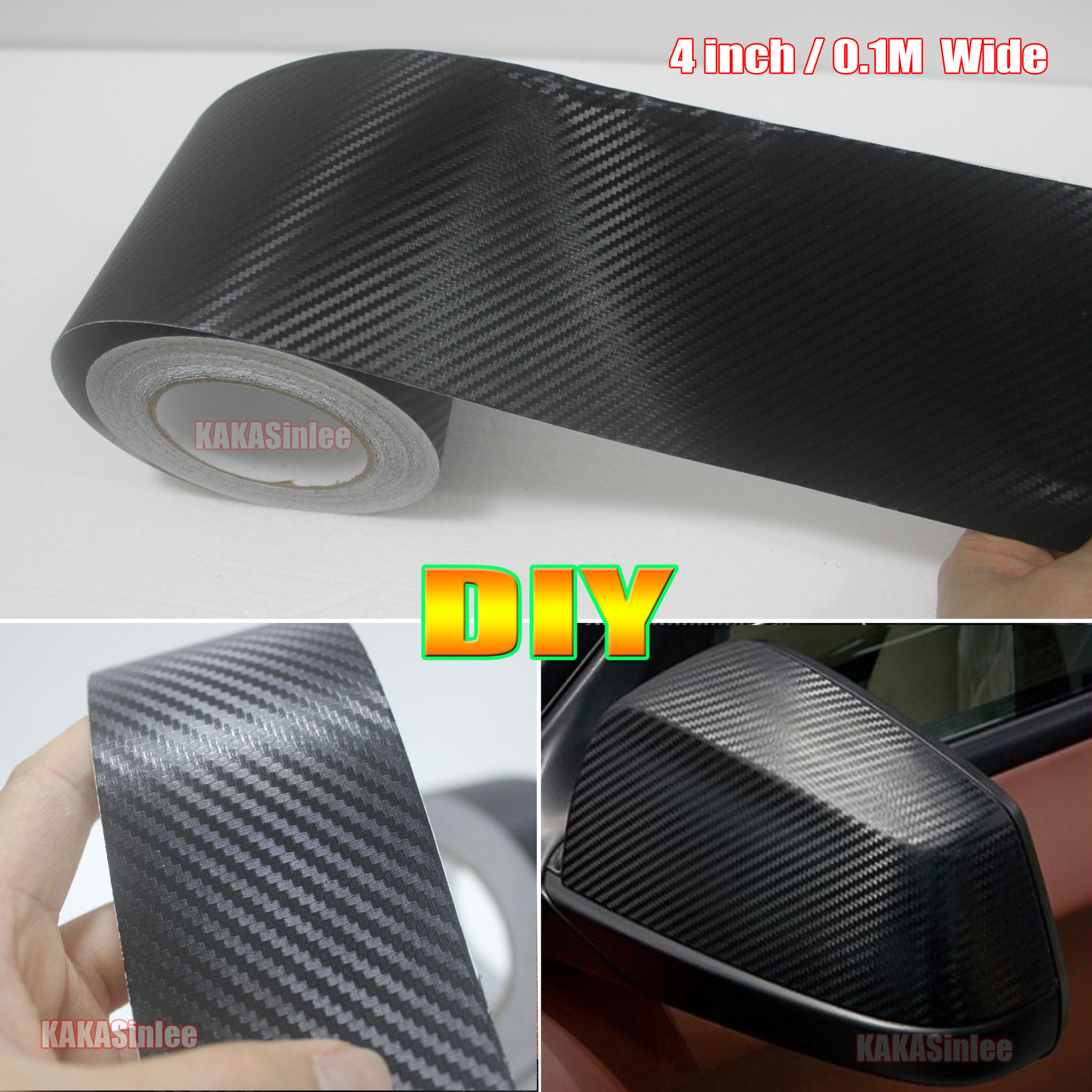 4inch W 3D Black Sheet Car PVC Grain Carbon Fiber Vinyl Tape Wrap Sticker Strips