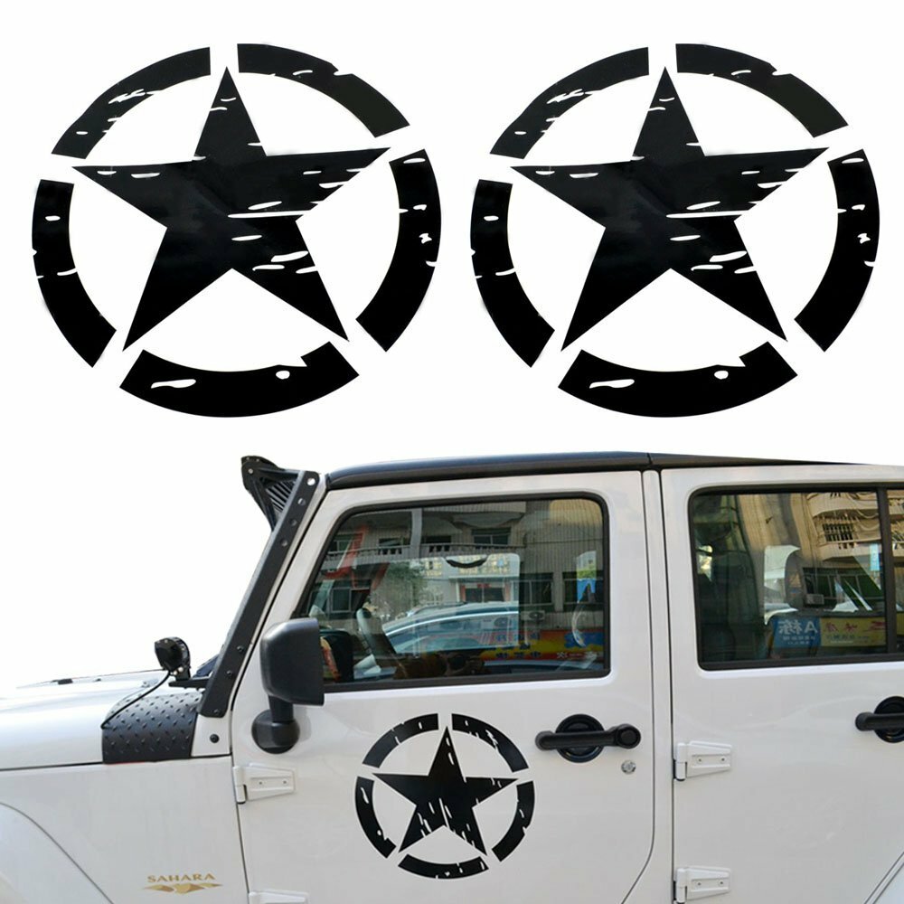 2Pcs Army Style Black Five Star Doors Decal Sticker Kit for All Jeep Wrangler