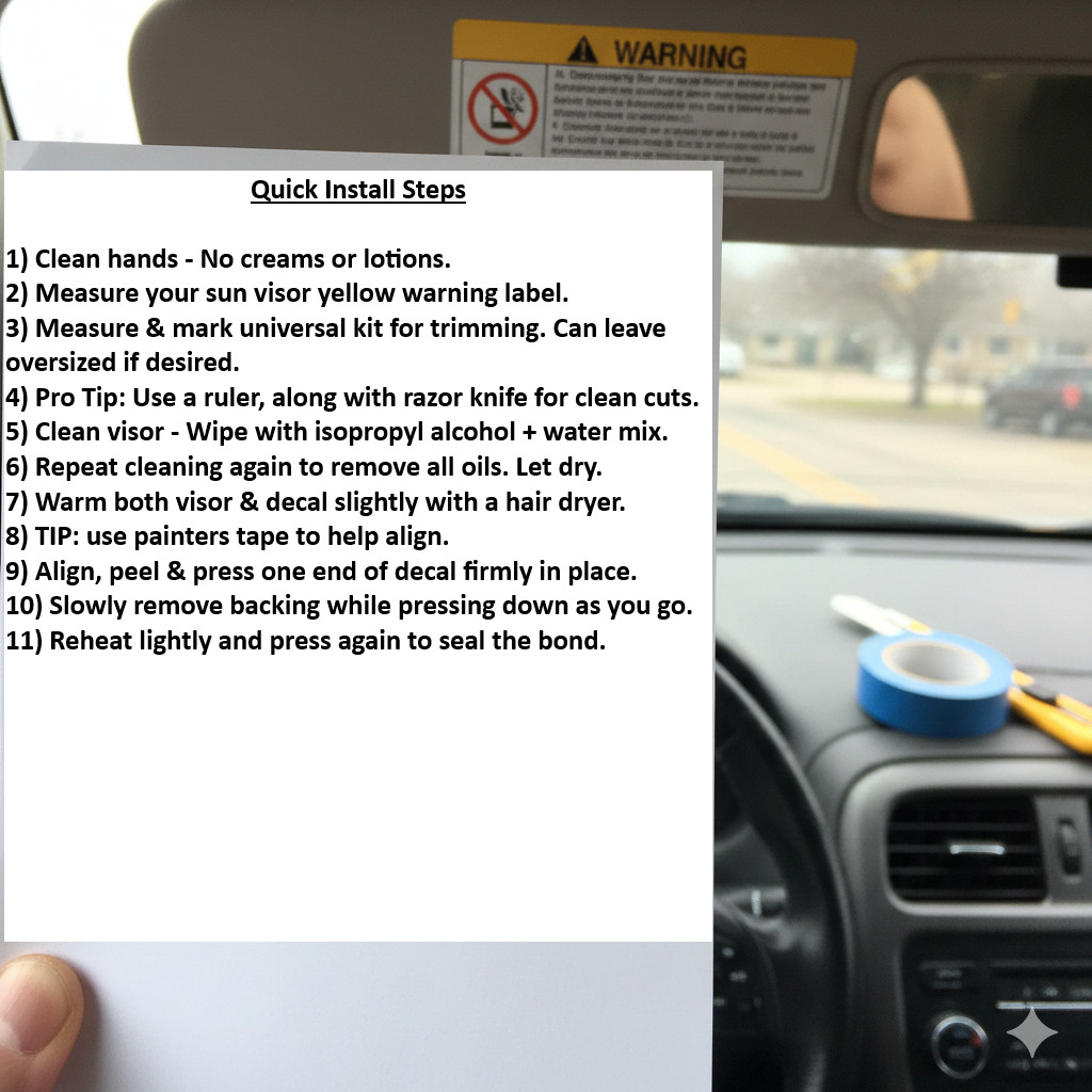 Sun Visor Yellow Airbag Warning Label Blackout Vinyl – Universal Trim-to-Fit
