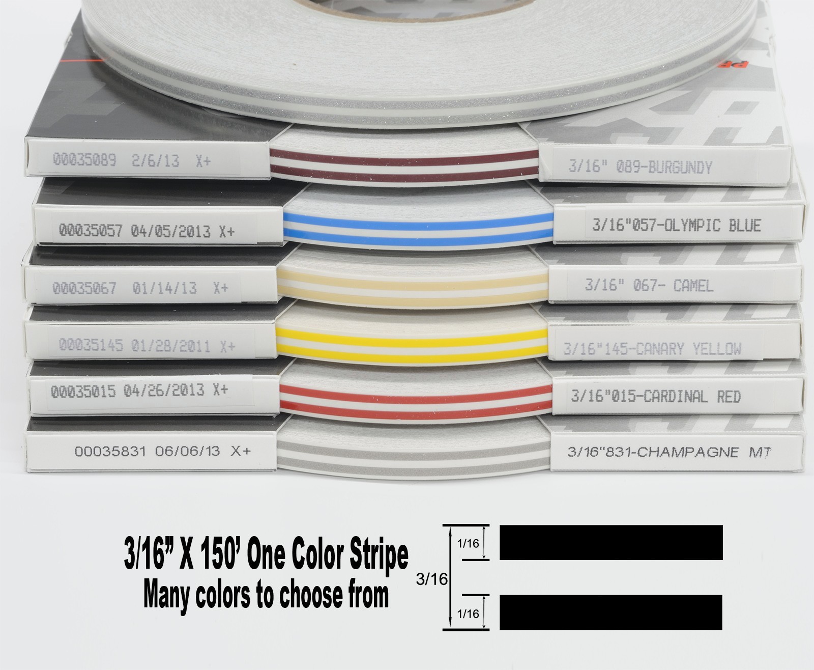 316 3/16″ x 150′ Roll of thin Accent Pinstripe stripe in many colors