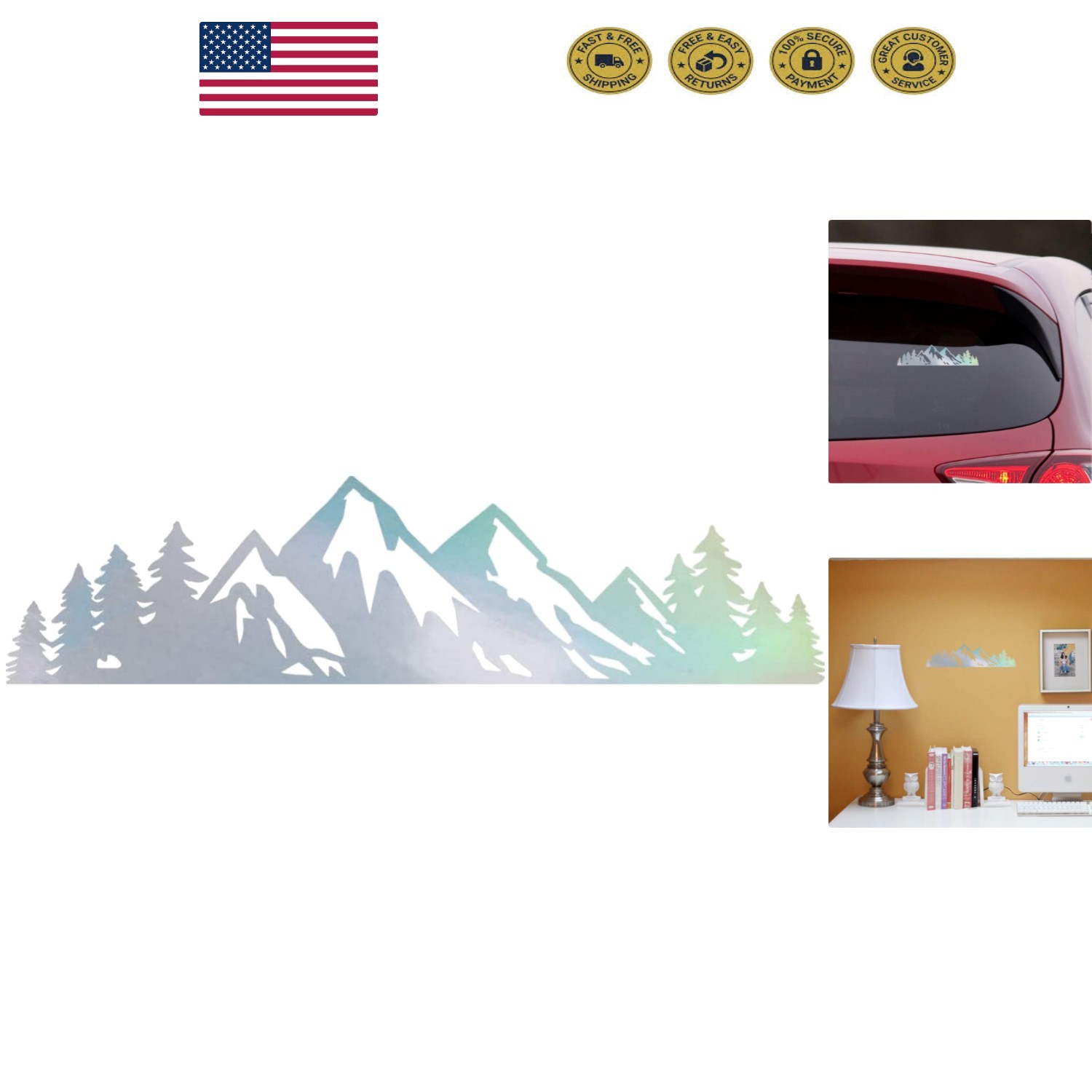 Waterproof Hologram Mountain Tree Decals – Peel and Stick Set of 2 for DIY Craft