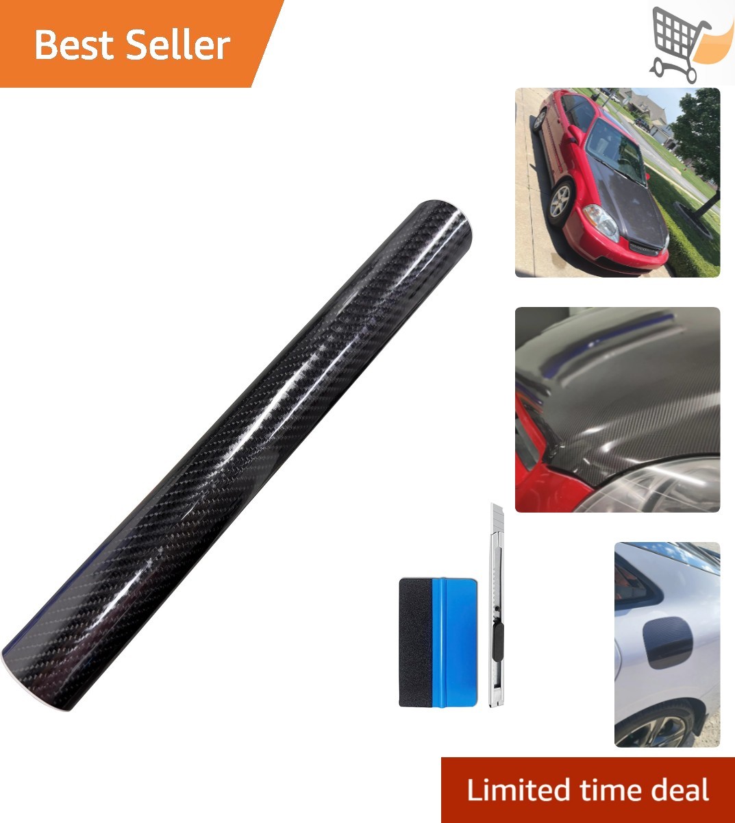 6D Gloss Black Carbon Fiber Vinyl Wrap Roll 1ft x 10ft Auto Interior Exterior