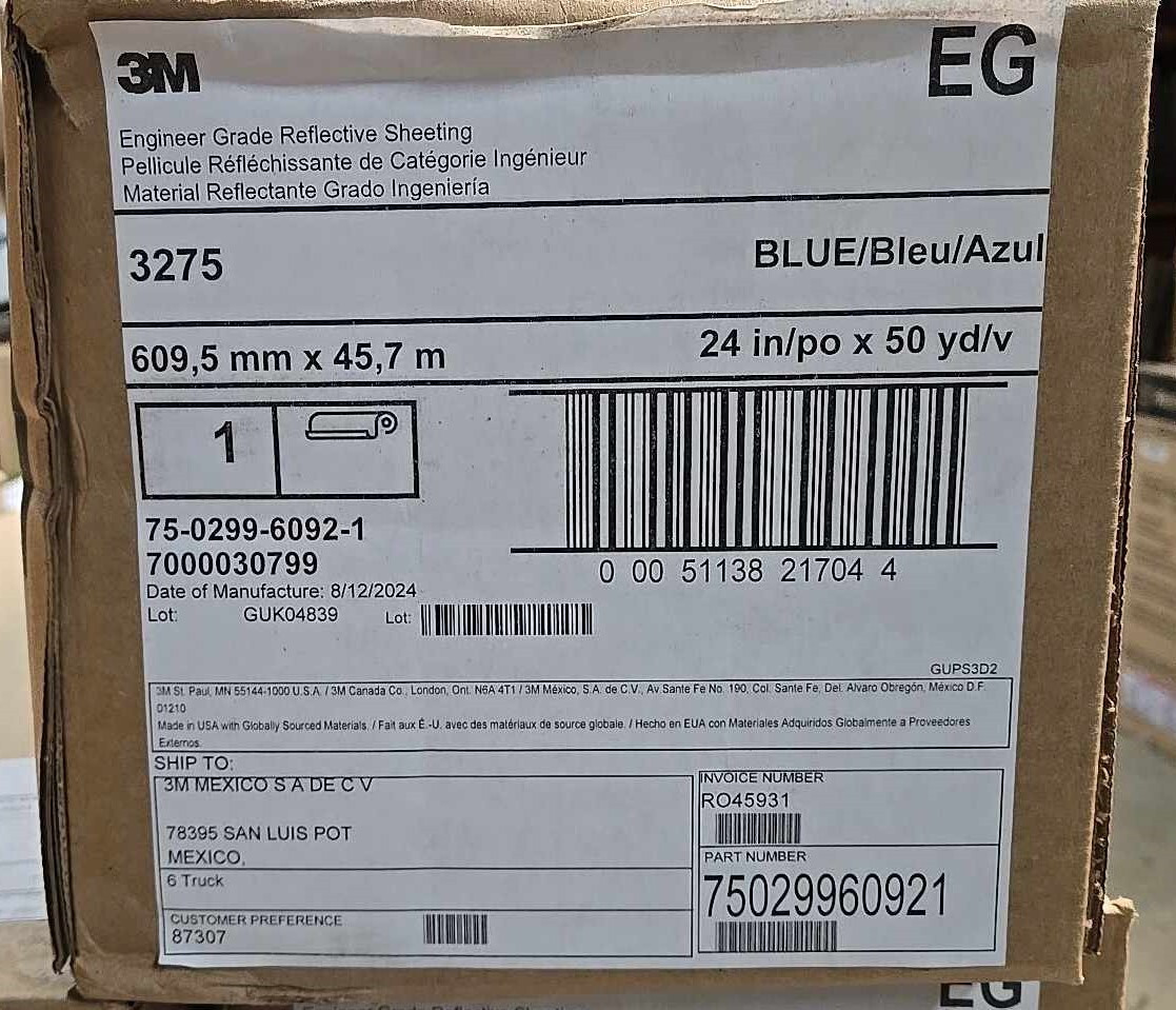 3M 75029960921 Engineer Grade Reflective Sheeting 3275, Blue, 24 in wide