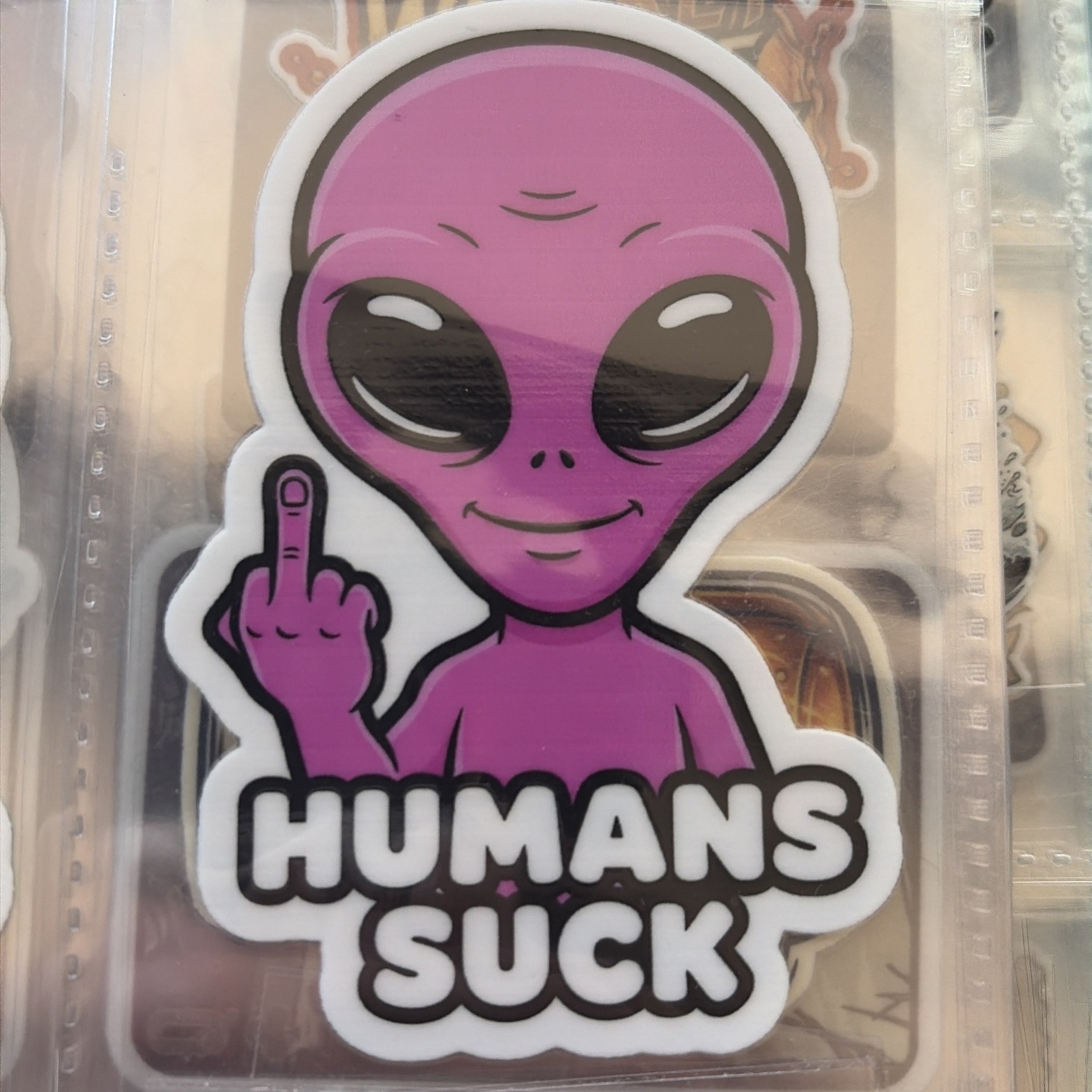 Decal Humans Suck Alien Middle Finger Decal Green, Yellow Or Pink. Waterproof