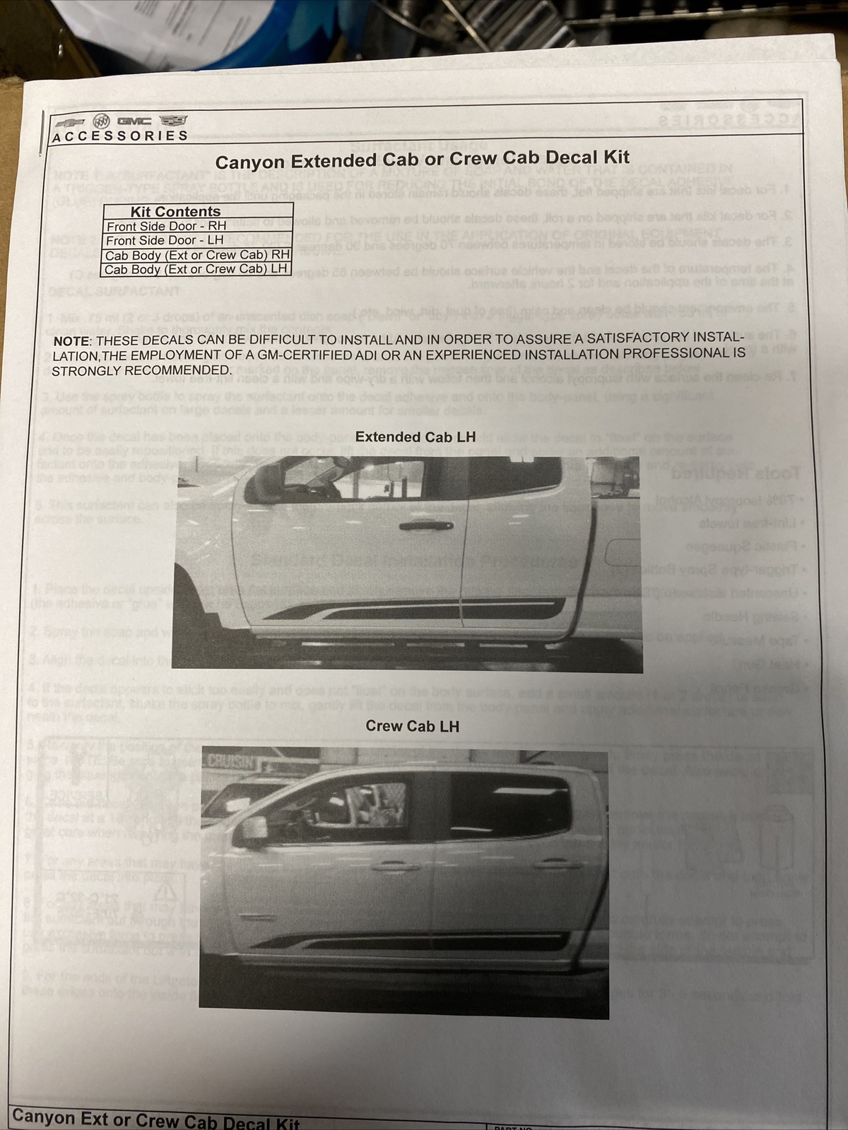 16-18 GMC Canyon Ext. or Crew Cab, Genuine GM Body Decal Kit, GM Part #23341113