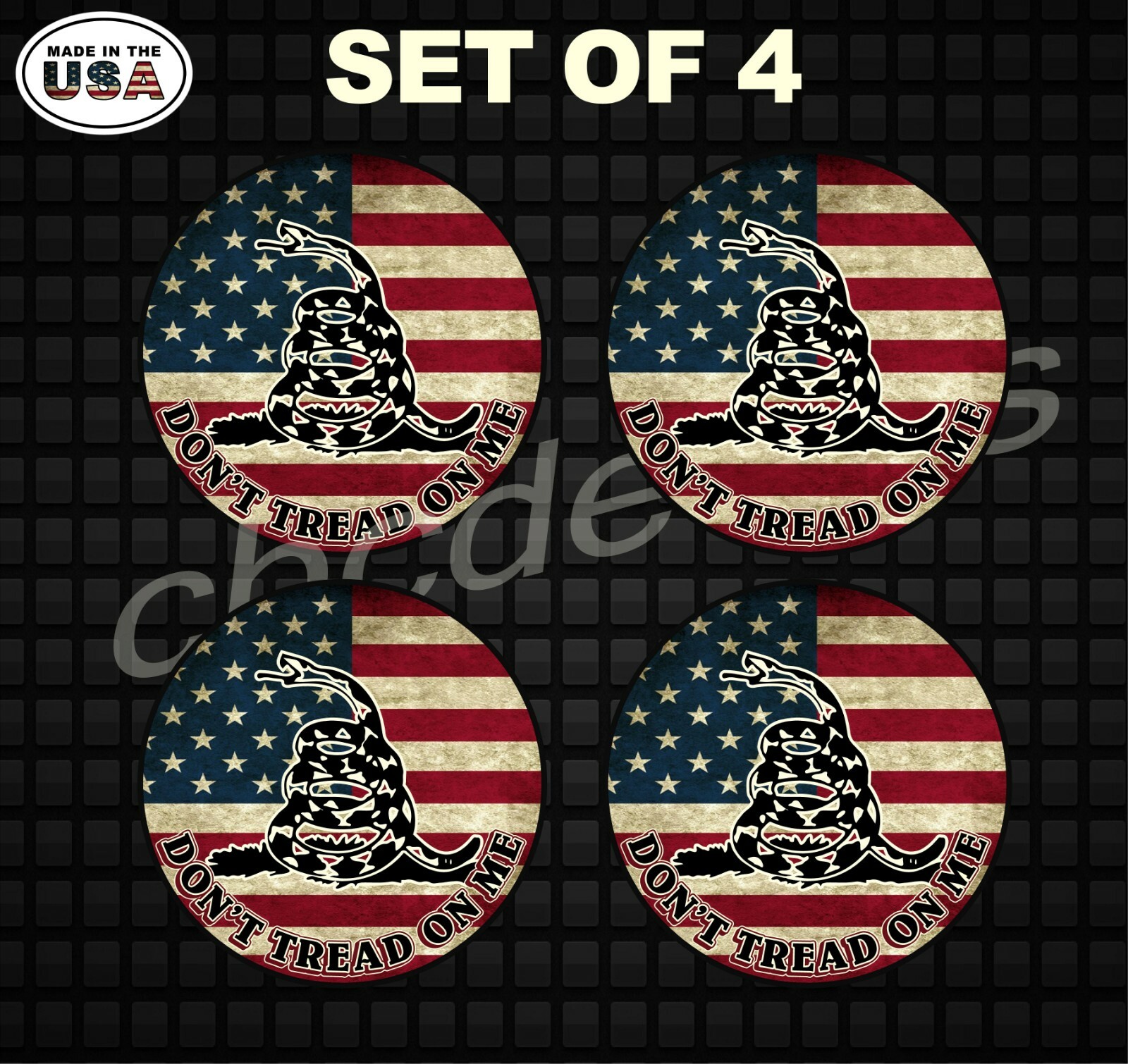 Dont Tread On Me American Flag Set of 4 Center Cap Decals Covers for Truck 3.5″