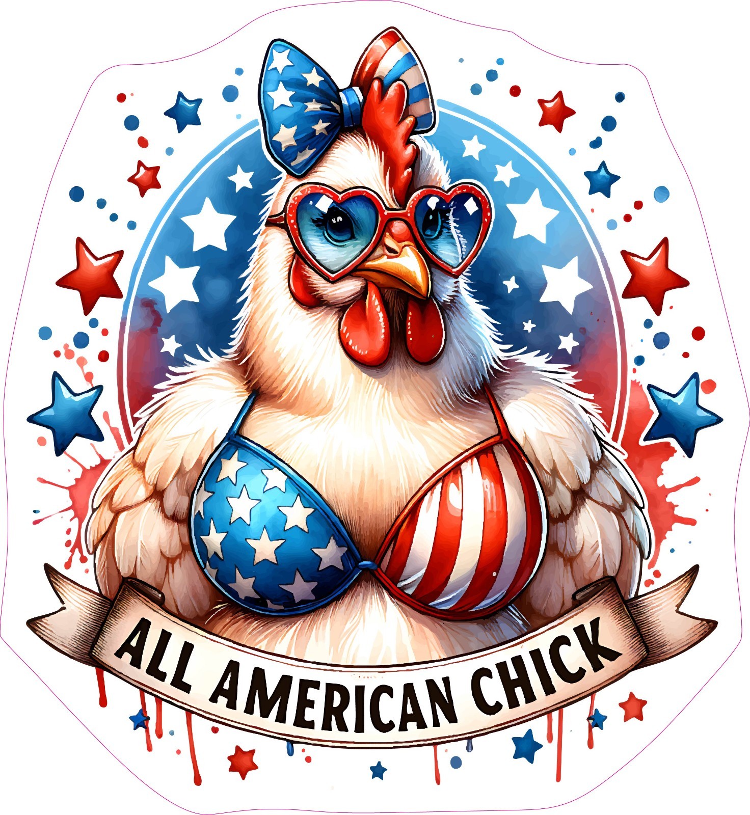 All American Chick Chicken in Bikini Vinyl Bumper Sticker Decal USA Flag America