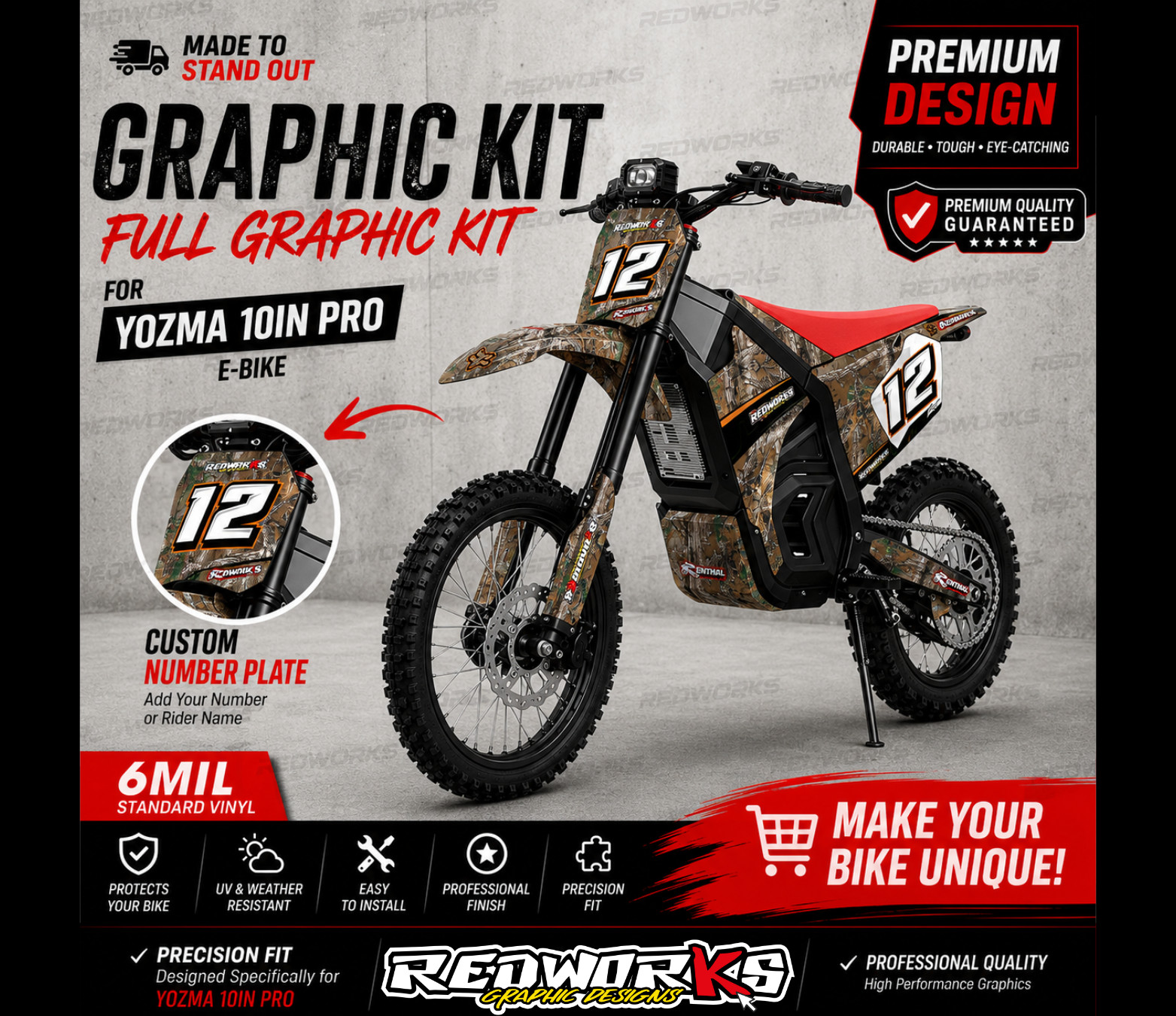 Yozma 10in Pro Graphics Kit Realtree Camo Decals Wrap Custom Name Number 6Mil