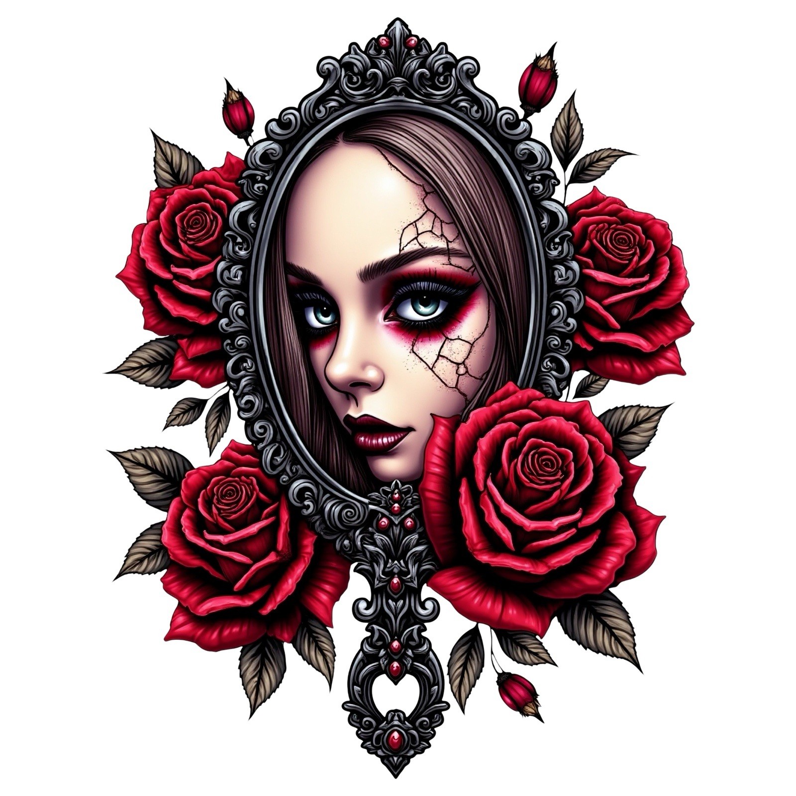 Mystical Gothic Romantic Fantasy Burgundy Sticker (2 Inch) Mirror Roses Lady !