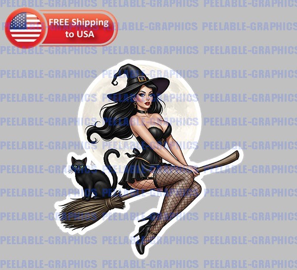 Sexy Pin Up Girl Witch Pinup Halloween 3.5″ Broom Vinyl Decal Sticker 2 PACK D