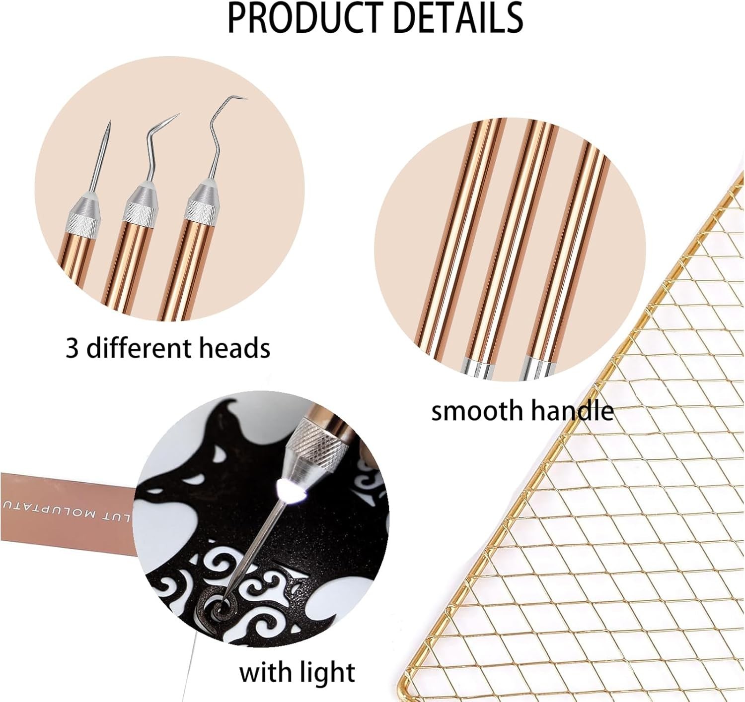 LED Vinyl Weeding Tools Set with Light Rose Gold 3PCS for Iron on Cutting